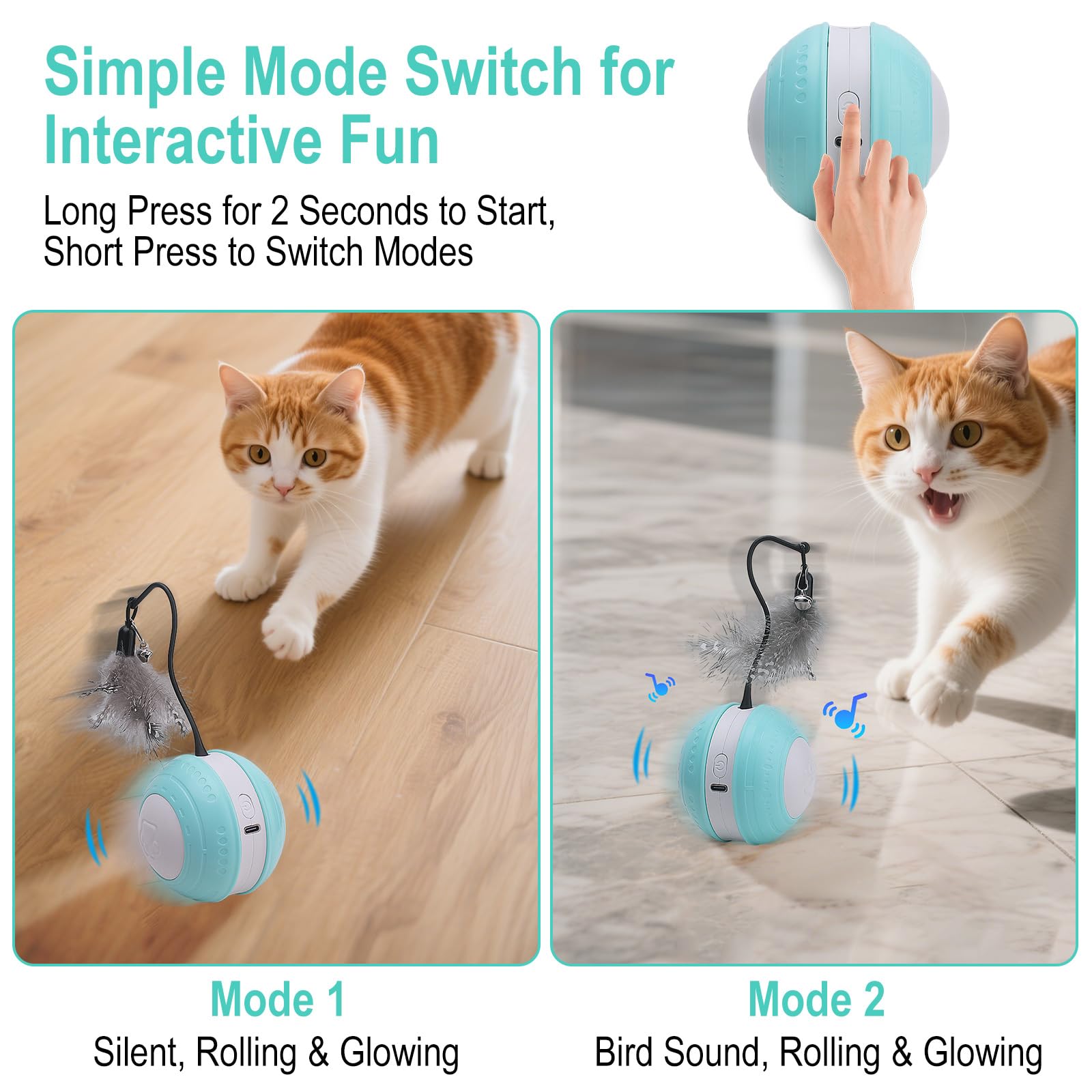 NGOKPYD Interactive Cat Ball Toy, Cat Toy Ball for Indoor Cats Adult USB Rechargeable, LED Lights & Chirping Design - Image 2