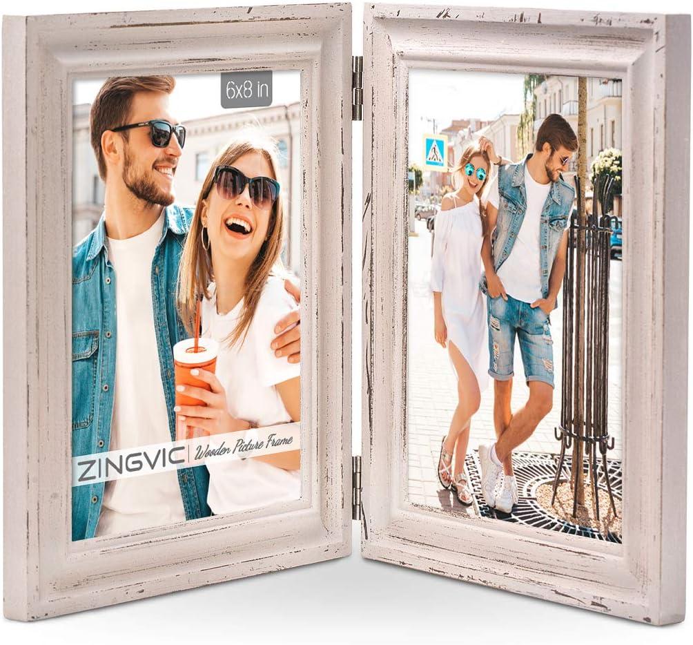 Vertical Combo Double Wood Hinged Picture Frame, for 4x6 and 6x8 Photos, Stand on Desk-top and Portrait View（Light Grey Color）