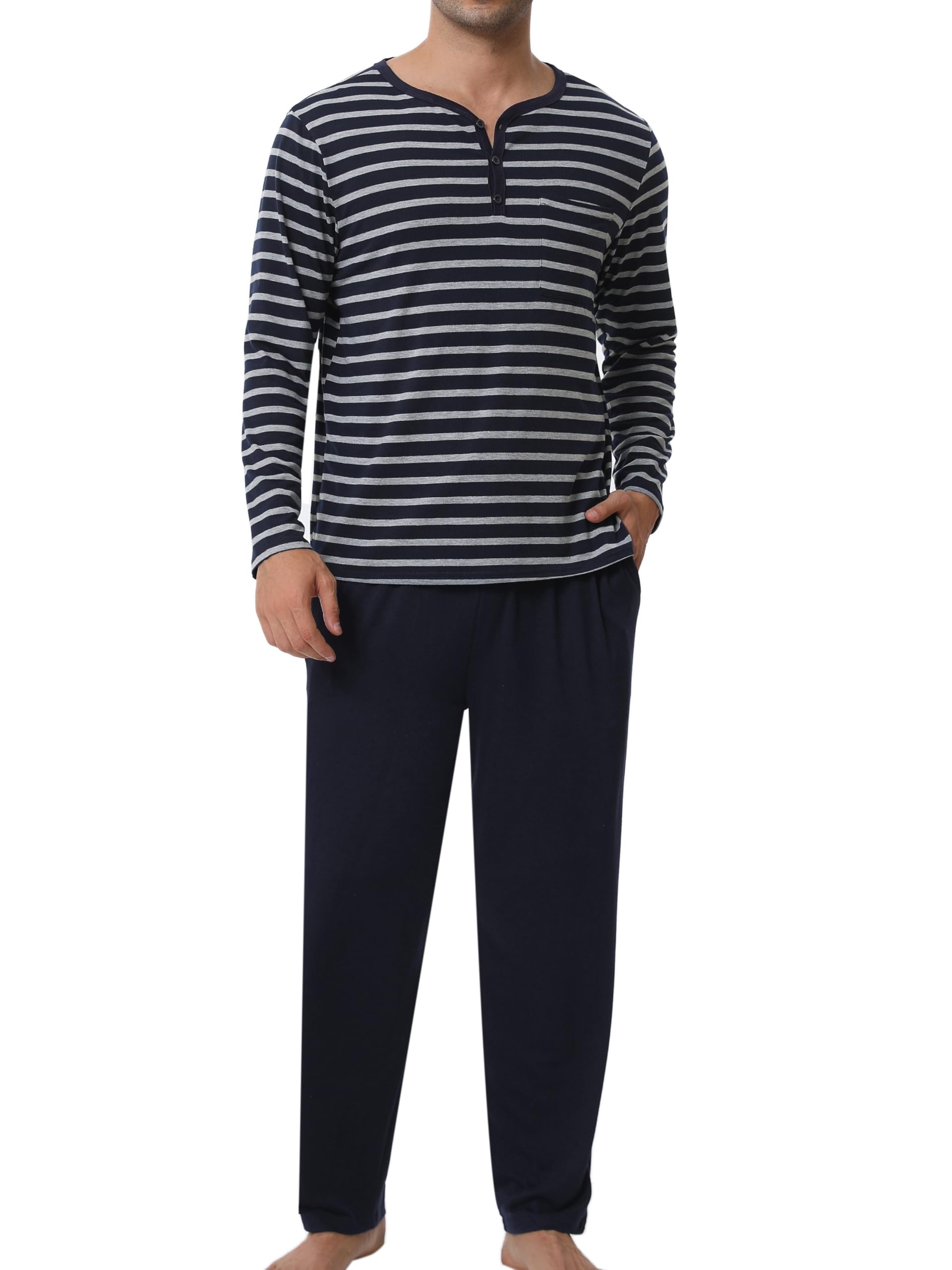 Pijamas Hombre Algodón Cuadros Invierno Camiseta Pantalón Largo Elástico Set Botones y Ropa de Dormir Manga Larga Entretiempo Tops Cómodo