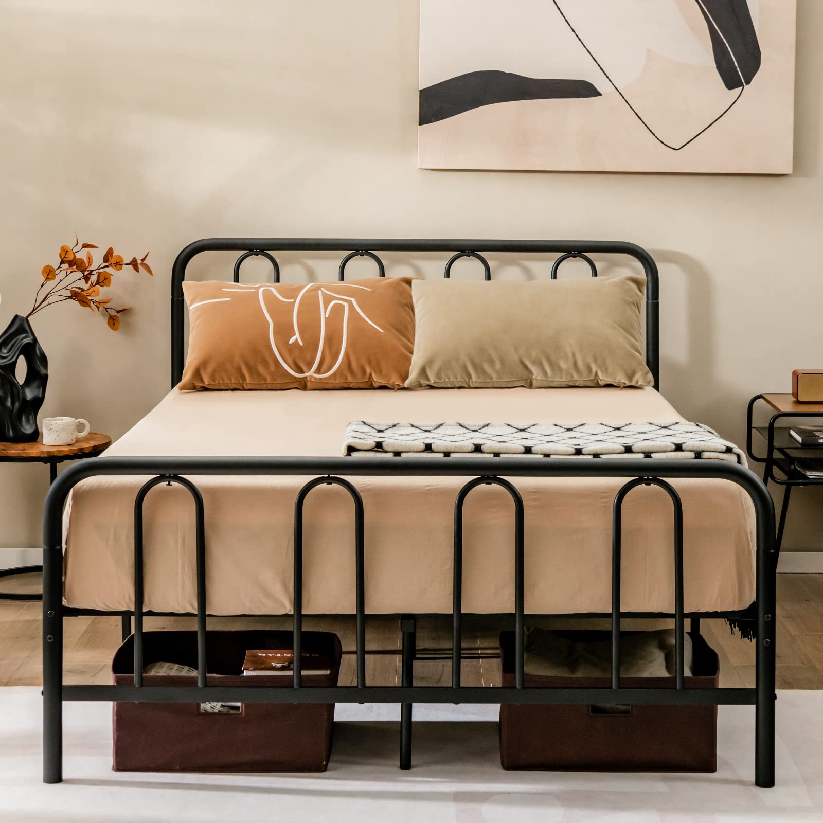 LIFEZEAL Struttura Letto Matrimoniale, alla Francese, 140x200cm, Ferro Battuto, Max 300 kg, Telaio Letto a Doghe, Una Piazza e Mezza, Rete, Base, con Testiera, per Adulti, Camera da Letto, Moderno