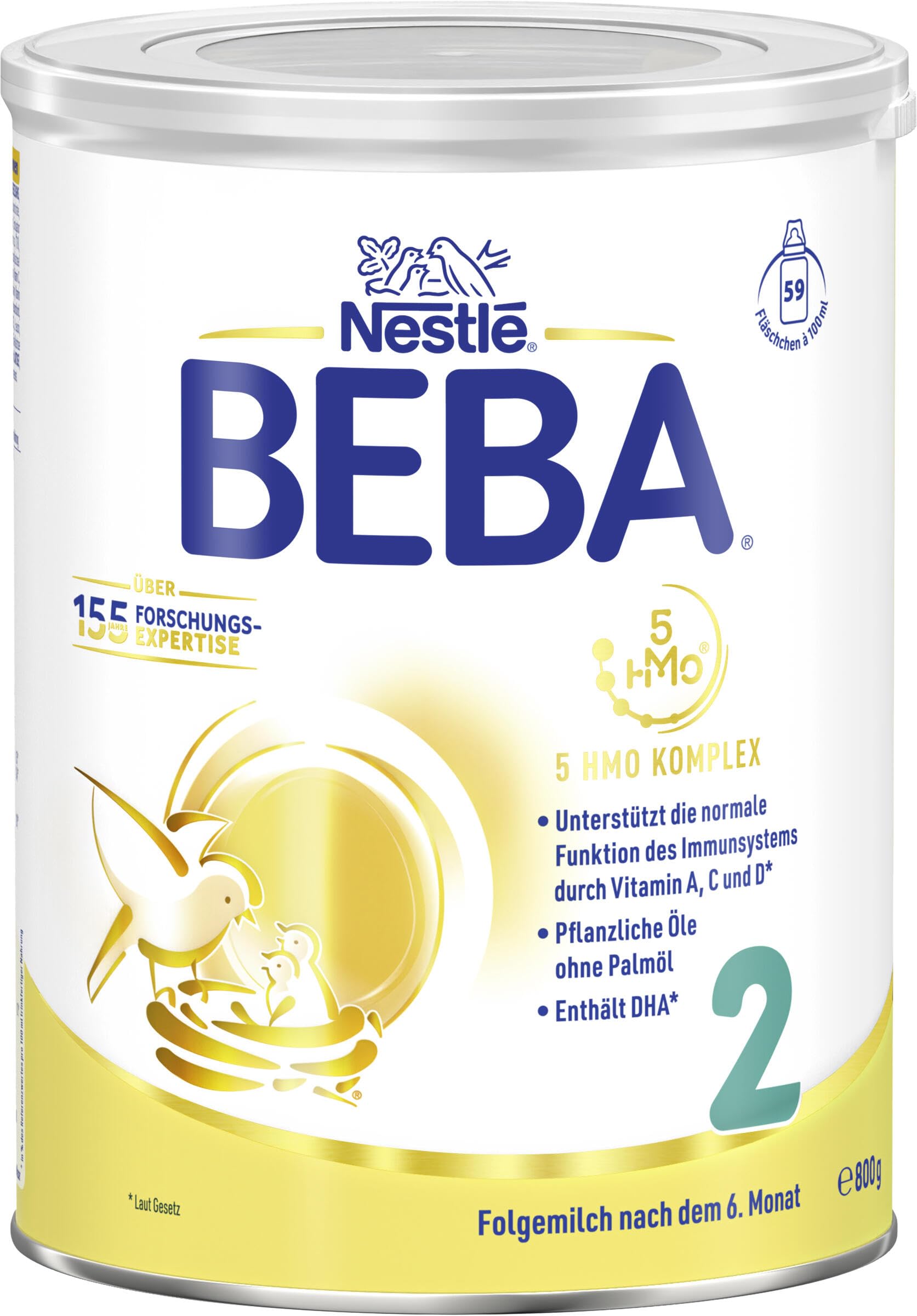 BEBA 2 - Folgemilch nach dem 6. Monat, Mit 5 HMO Komplex, Altersgerecht angepasster Proteingehalt, Nur Laktose, Ohne Palmöl, Ohne Fischöl, Babynahrung, Baby-Milchpulver, 6er Pack (6 x 800g)