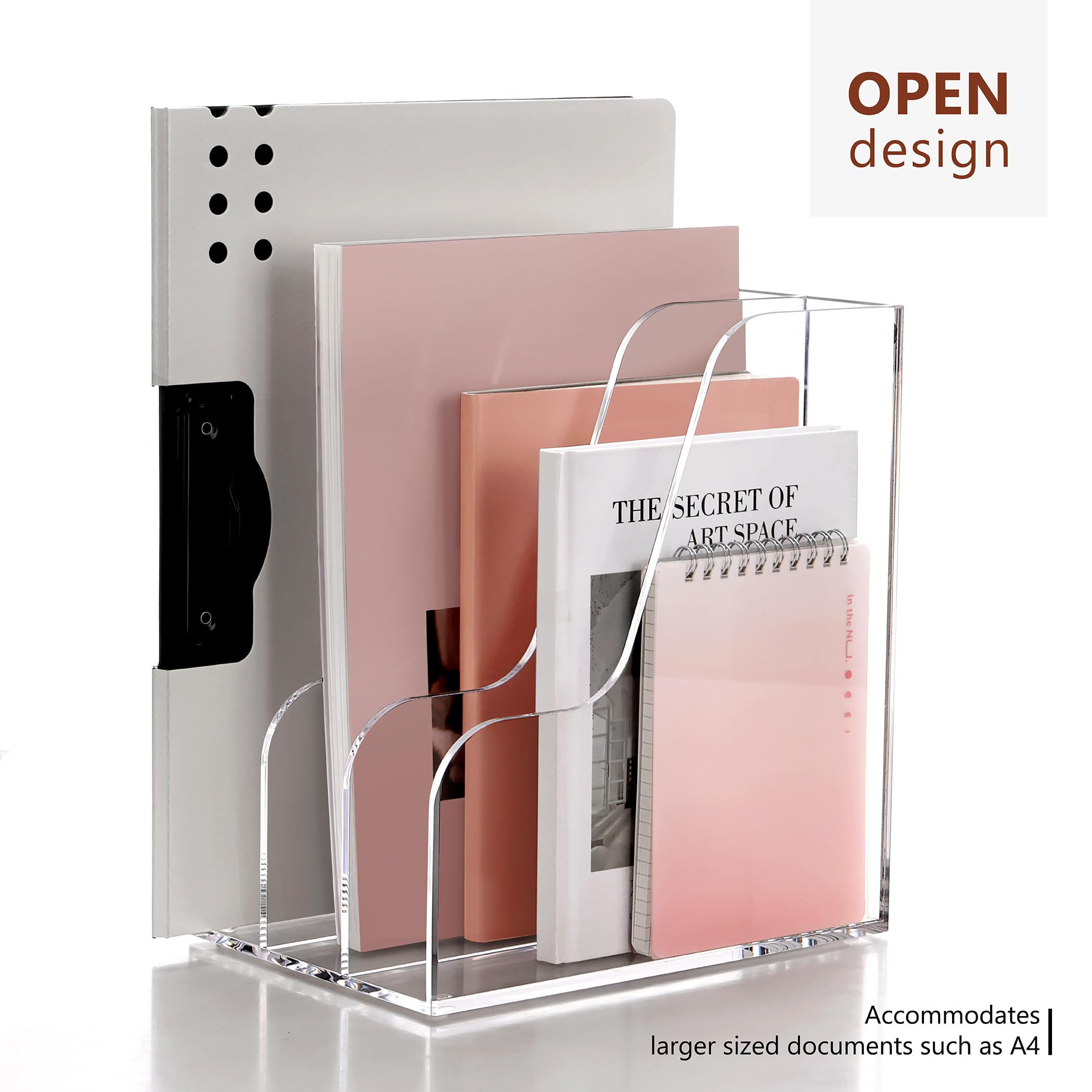 SANRUI Organizer da scrivania in acrilico, porta documenti e cartelle portadocumenti, organizer da scrivania a 3 sezioni, organizer per riviste per forniture per ufficio, trasparente