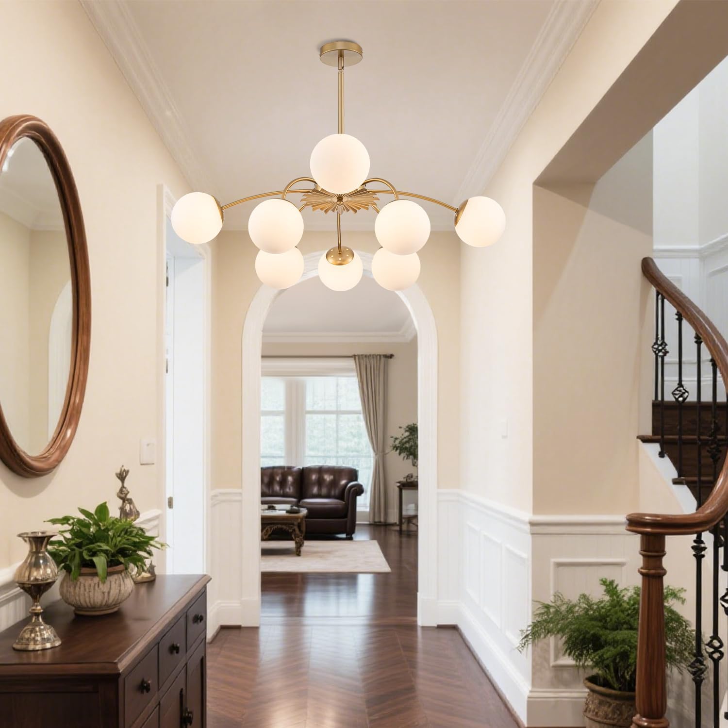 Longree 8-Light Gold and White Sputnik Chandeliers with Milk Glass Bubble Pendant Light Fixture, Blossom Accent Mid Century Sunburst Chandelier Frosted Glass Lighting for Dining Entry Living