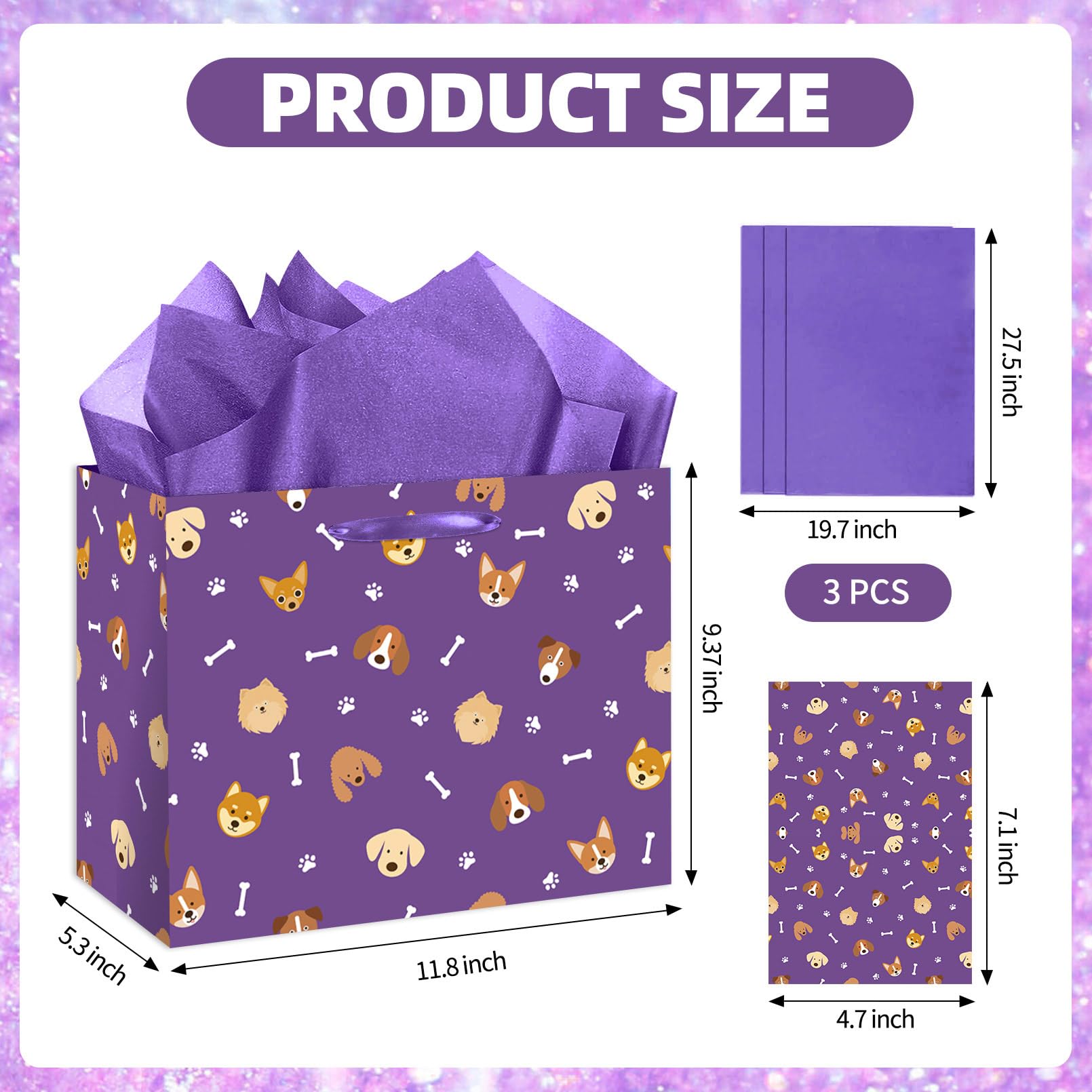 HSKMAKE Purple Dog Gift Bag Large Dog Paw Print Gift Bag with Card and Tissue Papers for Men, Women, Boys, Girls, Kids, Puppy Themed Baby Shower Birthday Party Favor Supplies