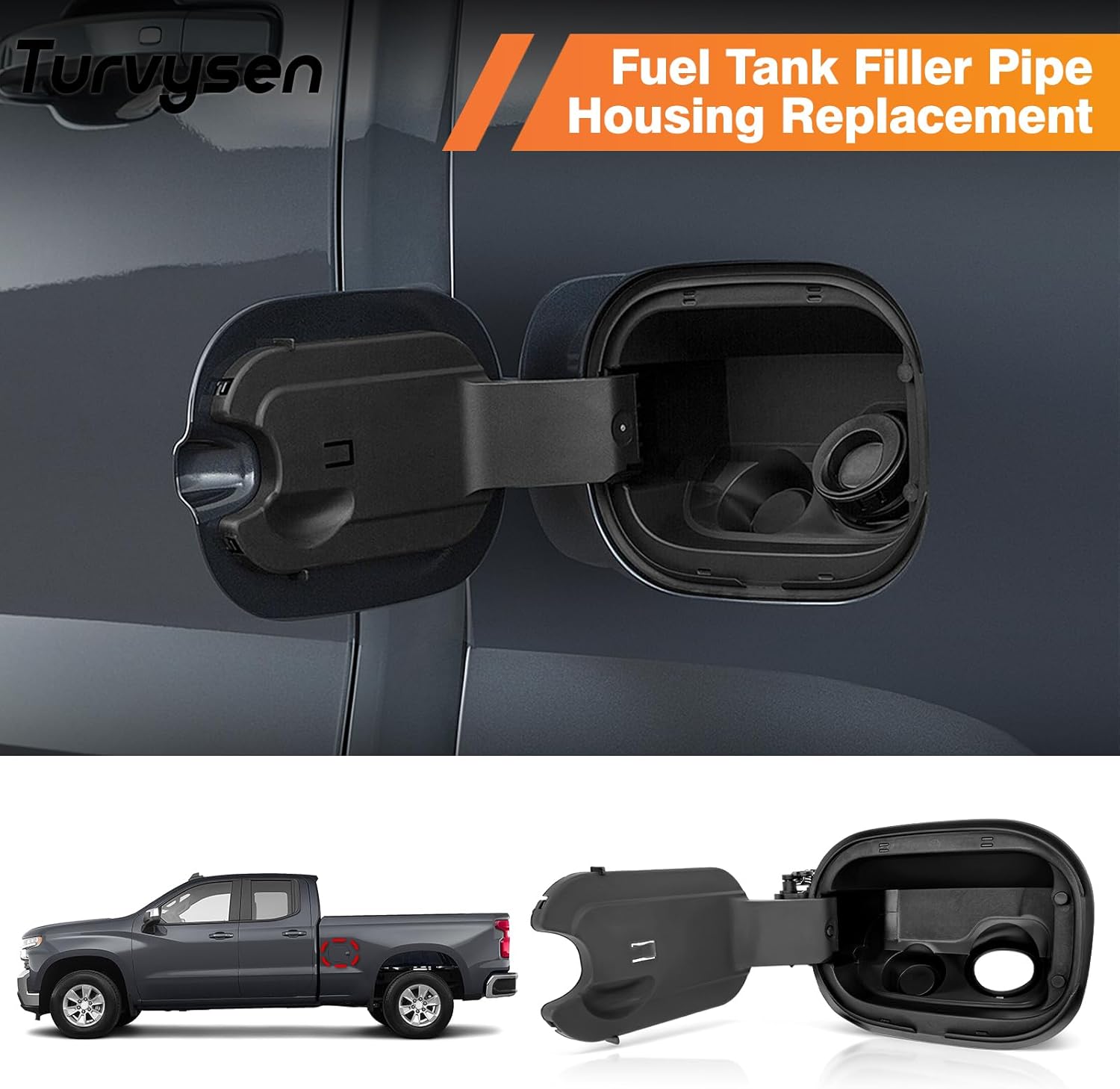 84745944 Fuel Tank Filler Pipe Housing Replacement for Chevy Silverado 1500 2019-2025 Only Gas 6.6 FT Bed, Gas Door Fuel Tank Cap Assembly with Fuel Door Spring Hinge Replace 84492771 84745974