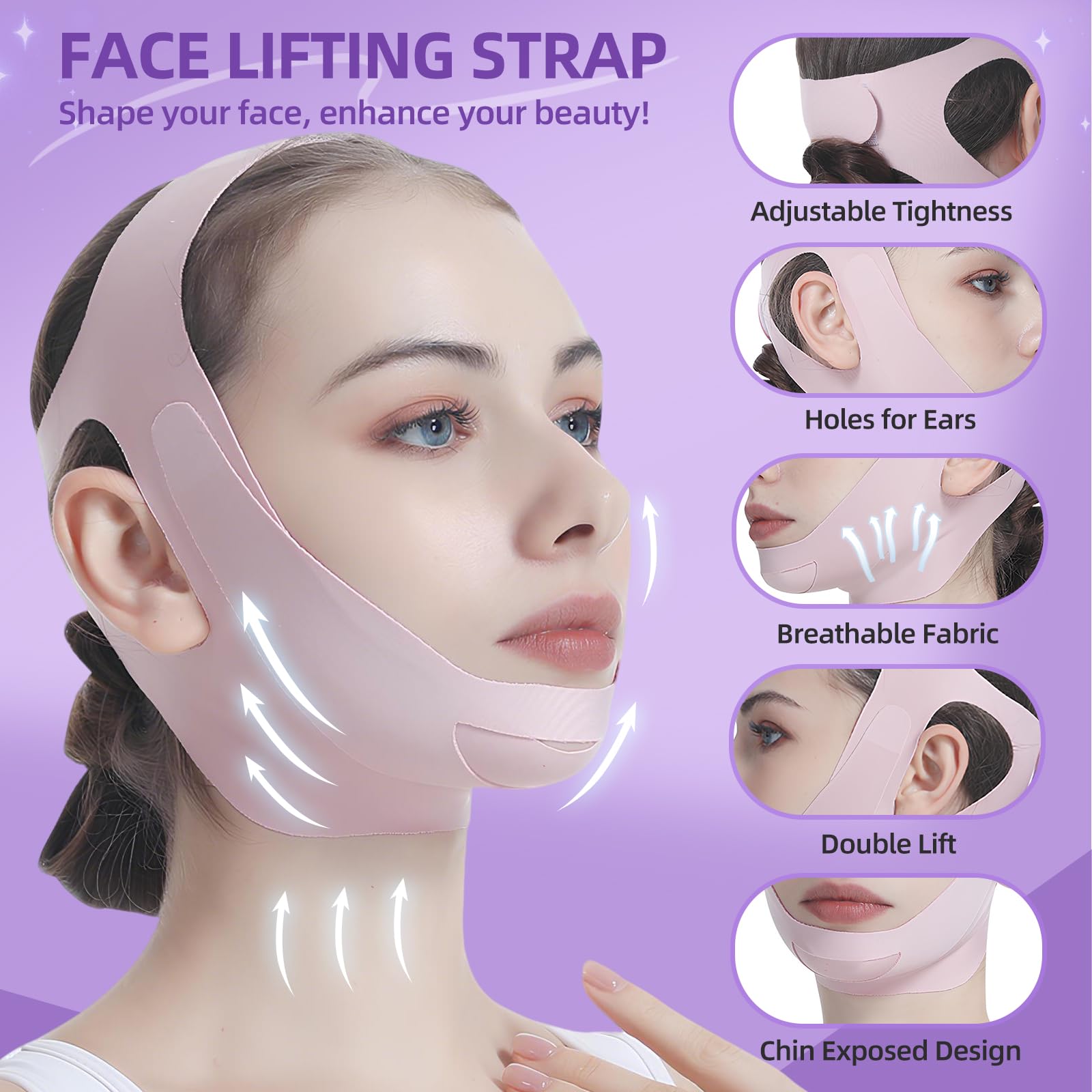 Ceinture de levage du visage – Sangle de menton en V Line avec sangles réglables, réducteur de double menton en forme de V, design profilé 3D pour façonner le visage, façonner la mâchoire et