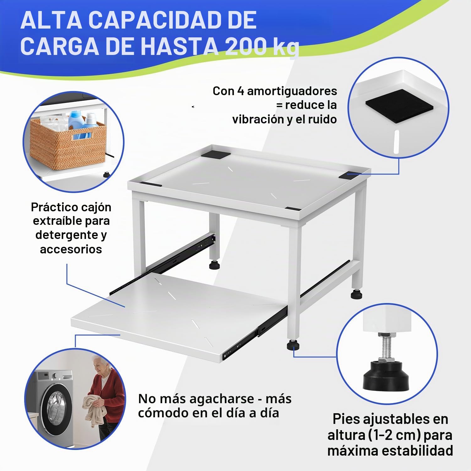 Herrselsam Soporte para lavadora con cajón, 45,5 cm de altura, capacidad de carga de 200 kg, soporte con patas ajustables y almohadillas antivibraciones, pedestal para secadora, frigorífico, lavadora