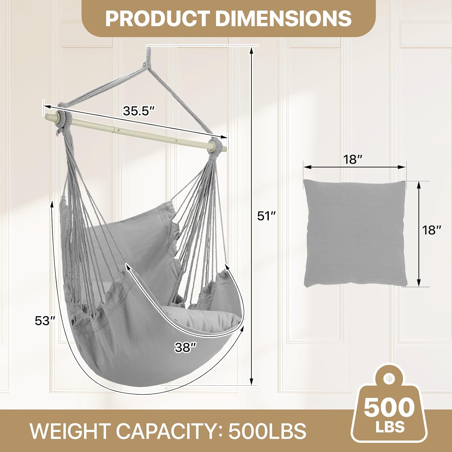 MoNiBloom Hammock Chair Hanging Rope Swing w/2 Cushions, Boho Macrame Hanging Chair Max 350 lbs Capacity w Pocket, Hardware Kit Included, Gray