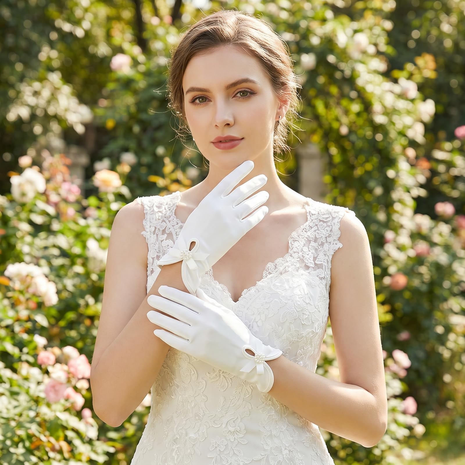 Guanti da Donna in Raso Guanti da Sposa Bianchi da Sposa con Guanti da Polso con Fiocco Guanti da Abito Vintage Accessori per Costumi da Ballo di Fine Anno