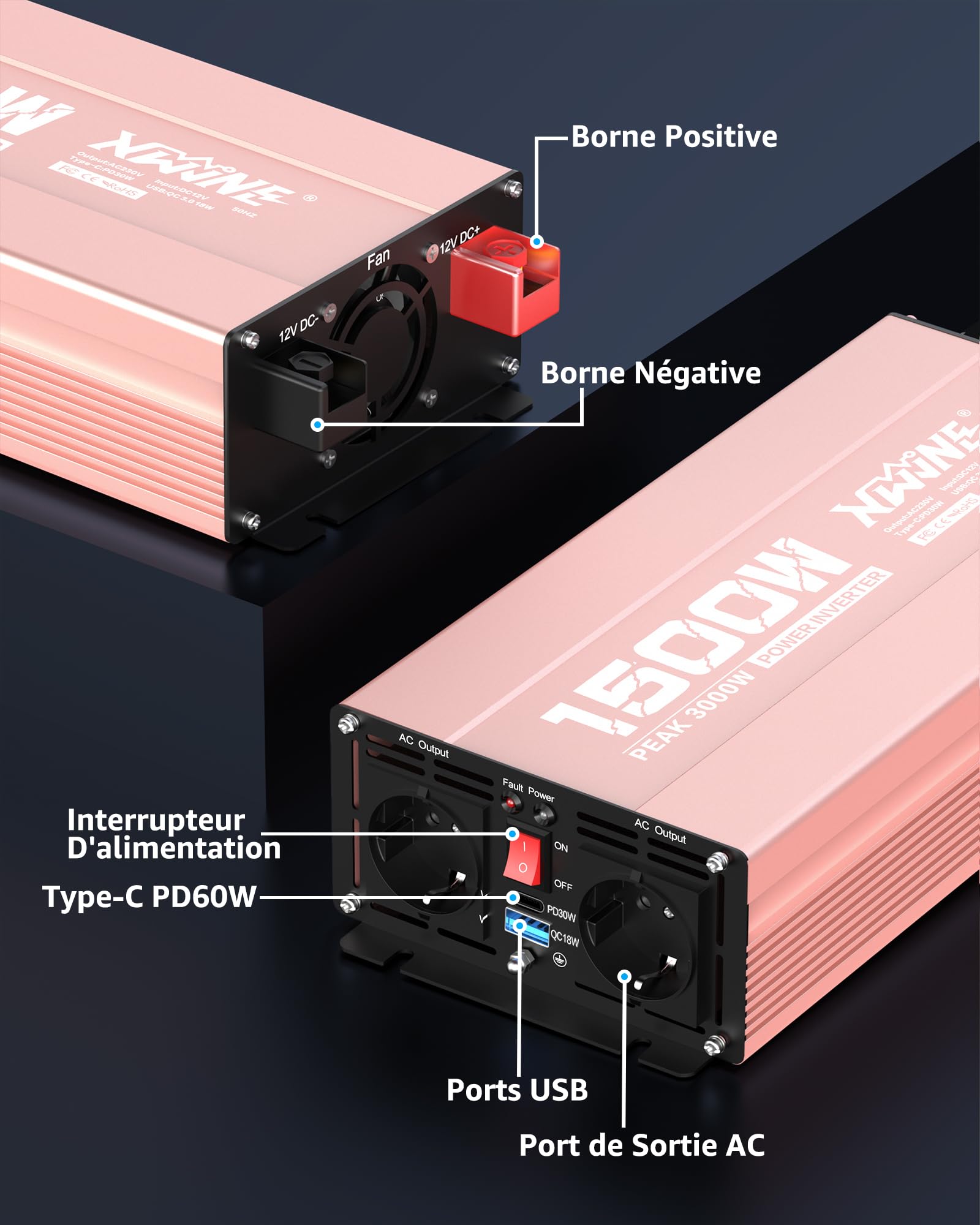 XWJNE Convertisseur 12V 220V, 1500W Convertisseur de Tension, Onduleur Sinus Modifié, Convertisseur de Puissance Voiture avec 2 Prises CA, 1 Port USB-A et 1 Port USB-C, pour RV Voiture de Camion