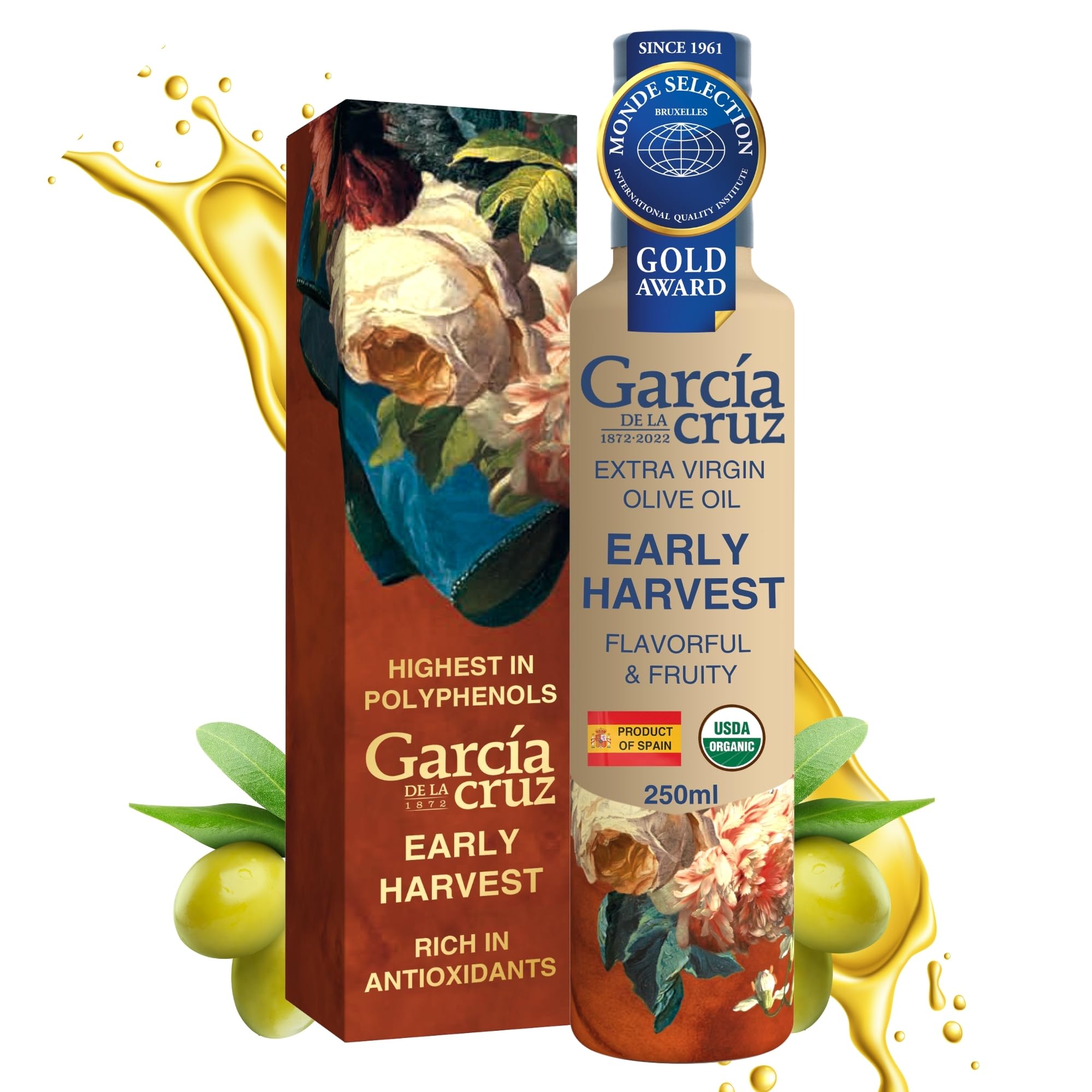Garcia de la Cruz Early Harvest Organic Extra Virgin Olive Oil - Award-Winning from Toledo Spain - Glass 8.5 fl. oz. (250 ml)