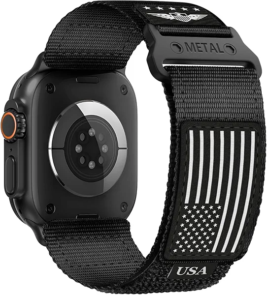 Rugged Nylon for Apple Watch Ultra 2 Band 49mm iWatch Bands 46mm 45mm 44mm 42mm Men,Soft Woven Adjustable Stars-Stripes Flag Wristbands Strap for Apple Watch Ultra Series 10/9/8/7/6/5/4/3/SE/Ultra2