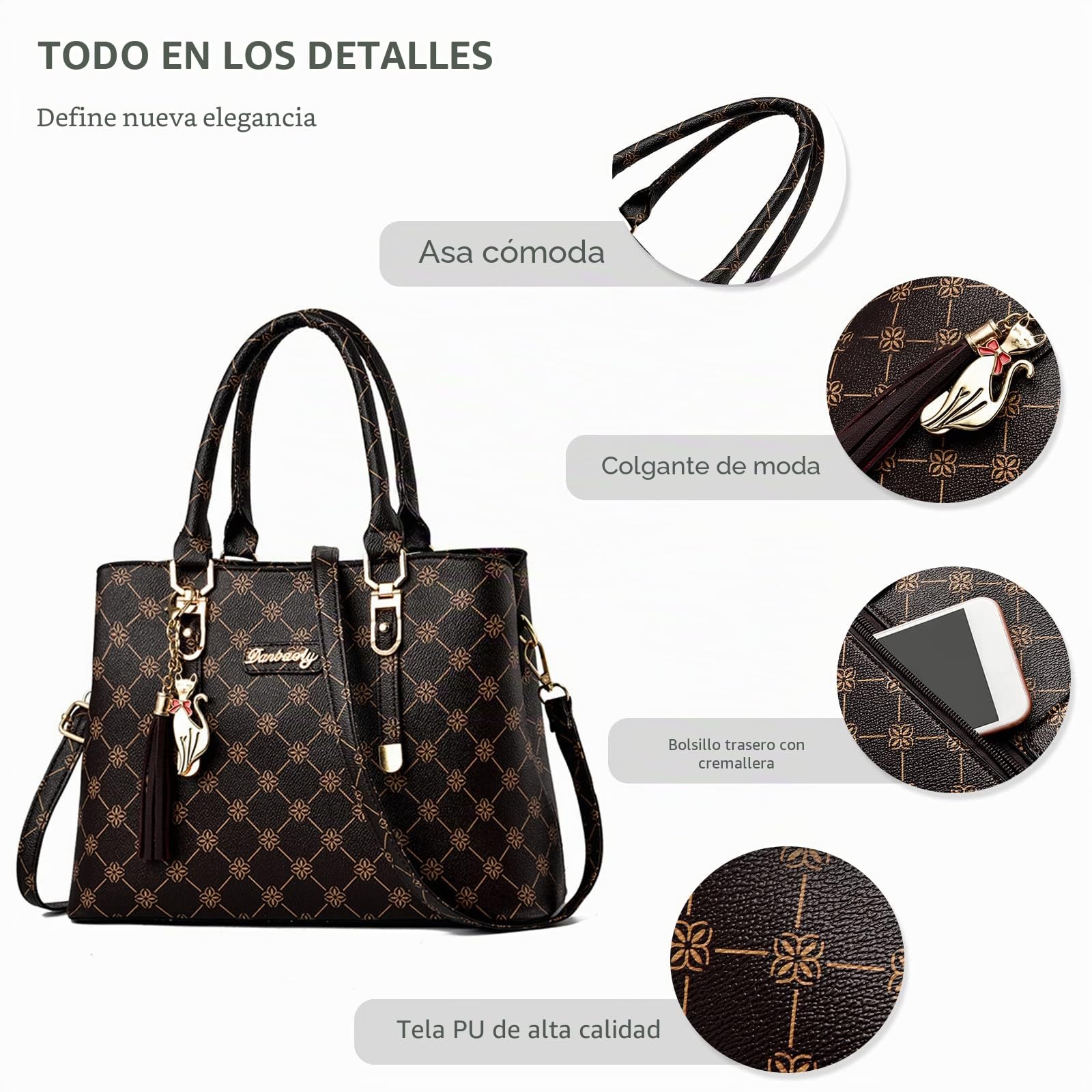 NICOLE & DORIS Bolsos de Mano Mujer Bolso Estampado Bolso Señora Bandolera Elegancia Mediano Bolso Tote Cuero PU Bolsos de Hombro con Colgante Marrón