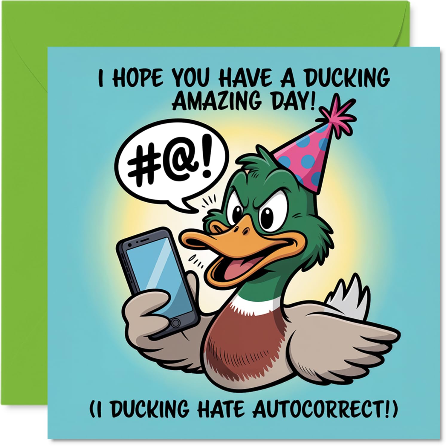 Family Birthday Card - Ducking Amazing - Happy Birthday Card for Family from Colleague Friends, 145mm Autocorrect Joke, Cartoon Duck with Phone Bday Greeting Cards