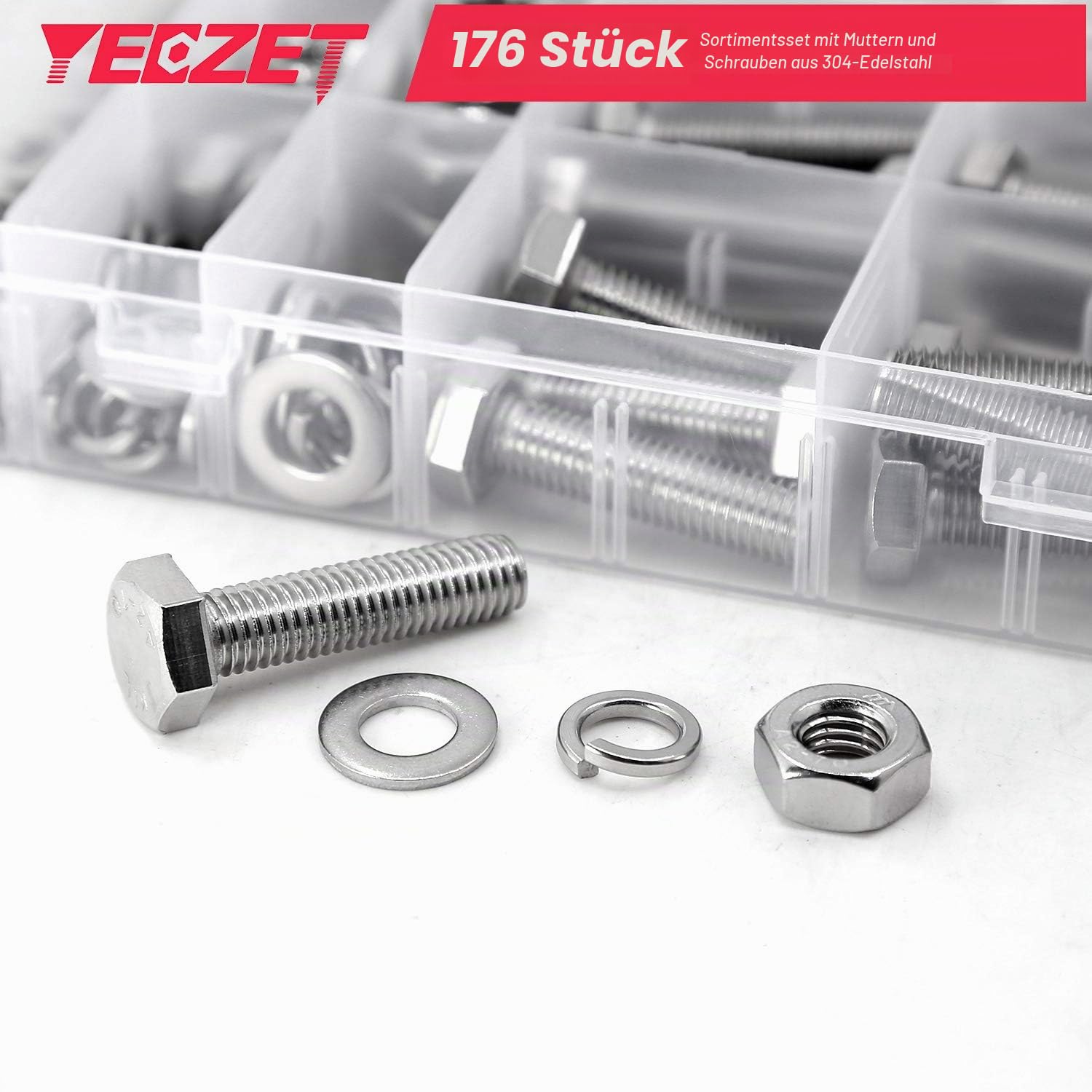 176 pcs M6 M8 M10 Schrauben und Muttern Sortiment aus 304 Edelstahl Sechskantschrauben Unterlegscheiben Federringe & Muttern Sortiment Kit