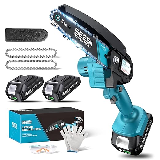 Seesii Mini Chainsaw, 6-inch Mini Chainsaw Cordless, Handheld Electric Power Chain Saw with 2 Batteries, for Tree Trimming Wood Cutting, Best Gifts for Father, Dad, Husband, Men
