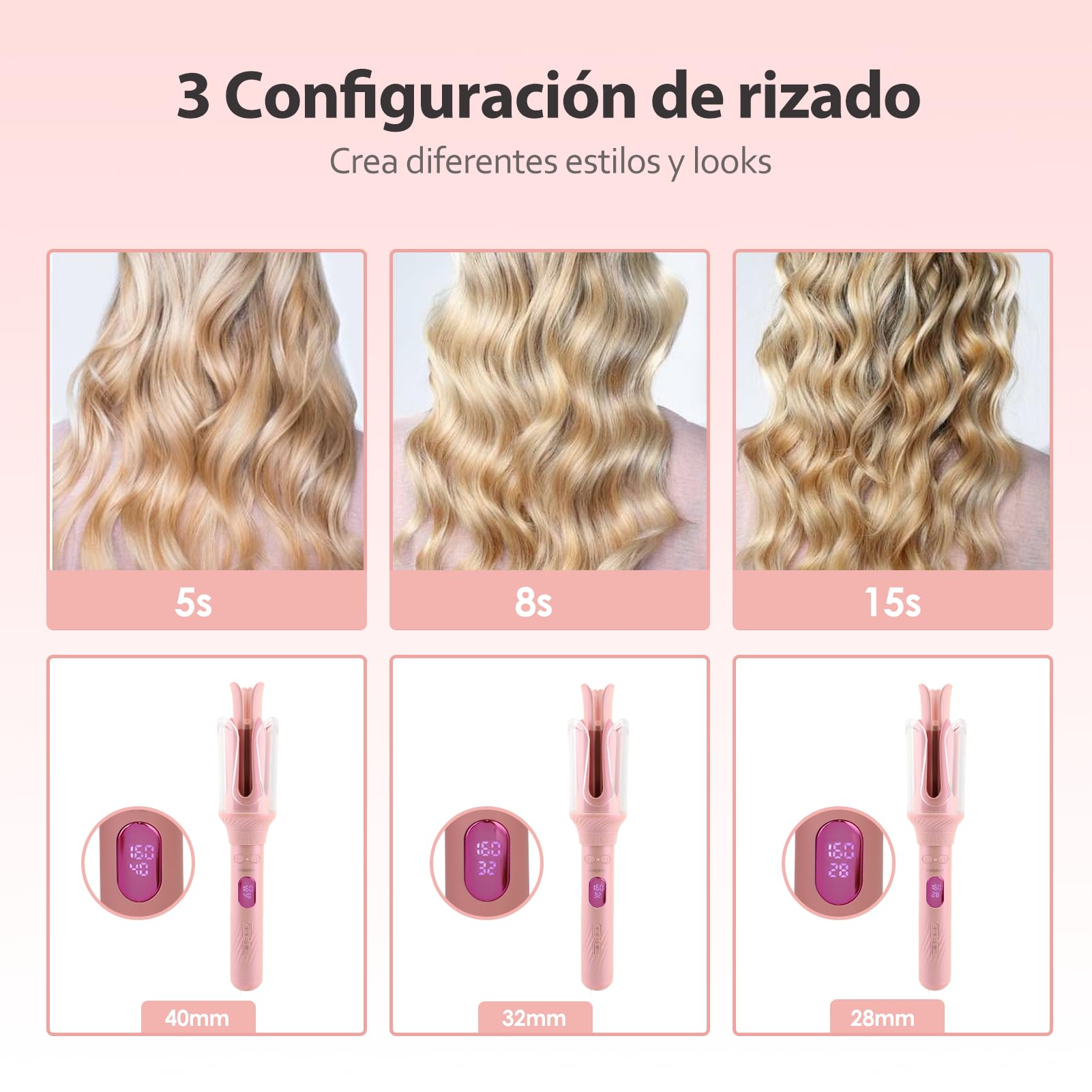 Rizador de Pelo Automático 3 Tamaños (28/32/40mm) - 30s Calentamiento, 12 Niveles Temperatura, LCD, Billones de Iones, Rizador Pelo Automatico