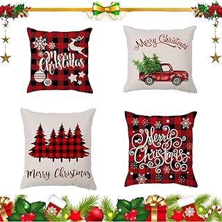 4 PCS Housse Coussin Noël Taie d'oreiller Coussin en Lin, avec Fermeture Éclair Cachée (45x45 cm) Taie d'oreiller Carré Imprimé, Housse de Coussin Decoration pour Fêtes Chambre Canapé Voiture
