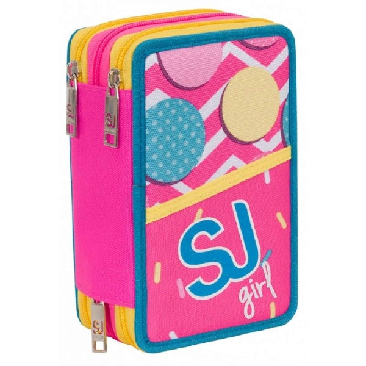 Seven - Estuche de 3 cremalleras, para niña, para la escuela o el colegio, fucsia y azul