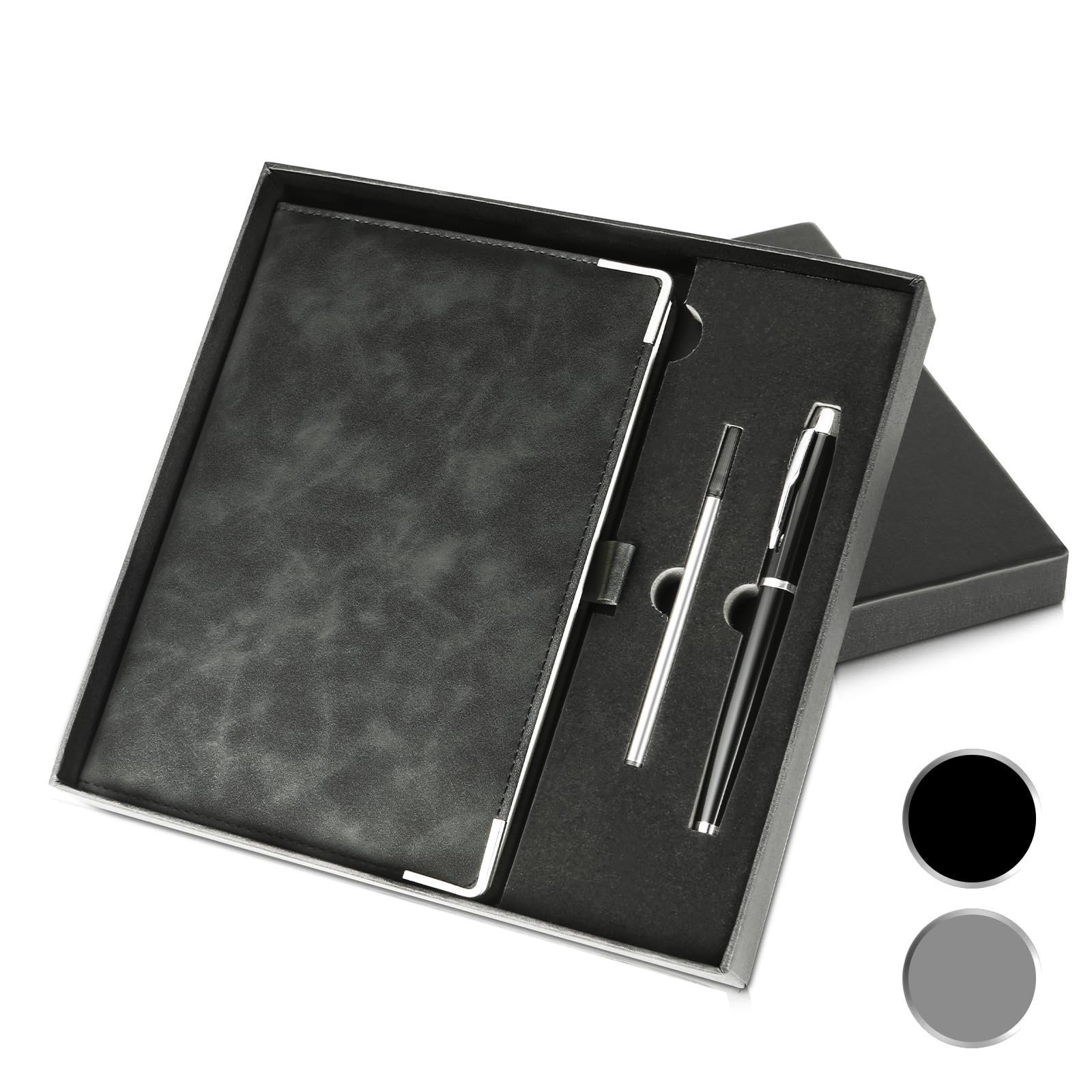 AYZ A5 Notebook Set - Premium Black Gift Box, Smooth Writing, No Ink Residue, Pen Included, Faux Leather Cover, 100 Pages, Metal Protective Corners (black)