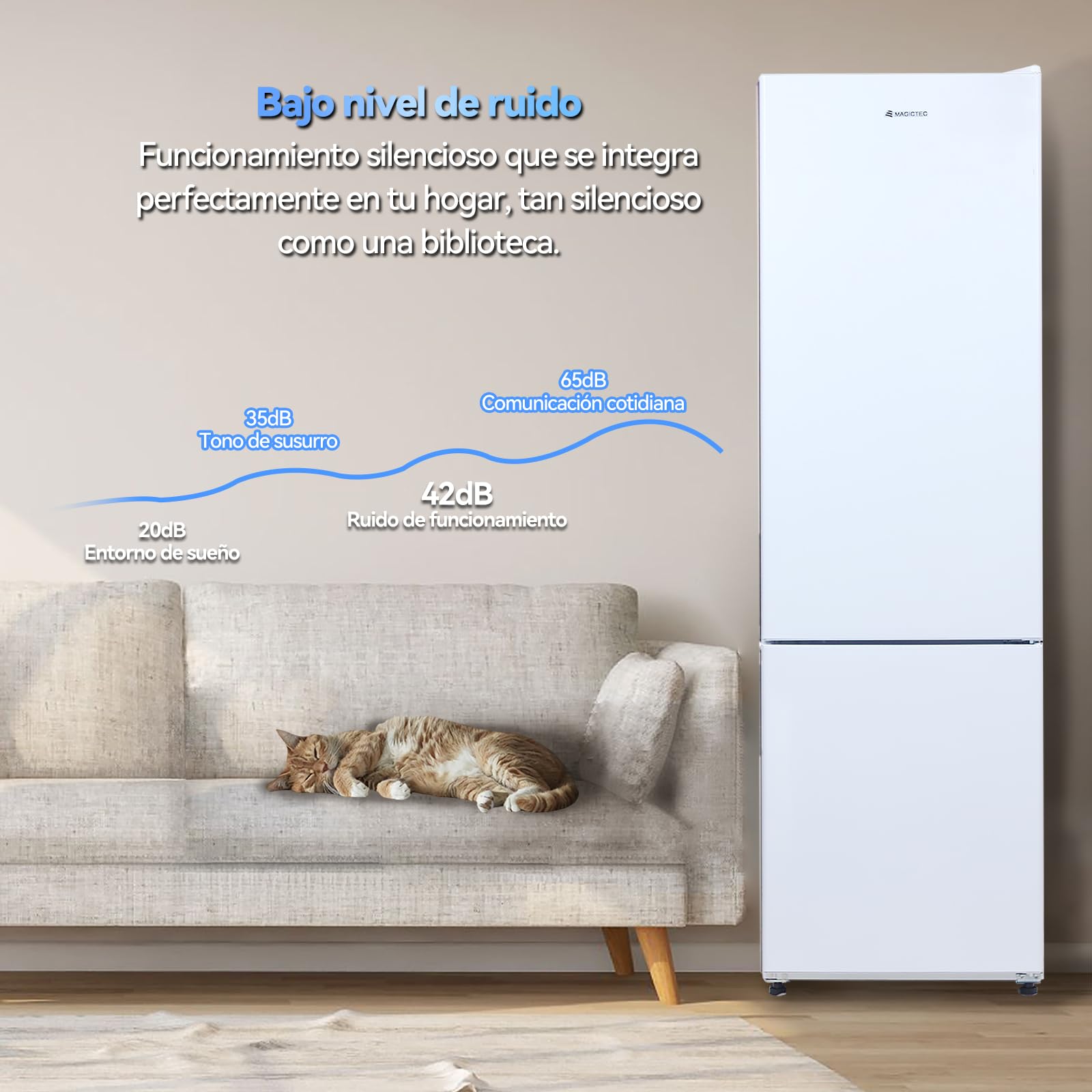 magictec Frigorífico independiente con congelador | 266 l (192 l/74 l) | Combinación de frigorífico y congelador | Low-frost | Iluminación LED | Blanco