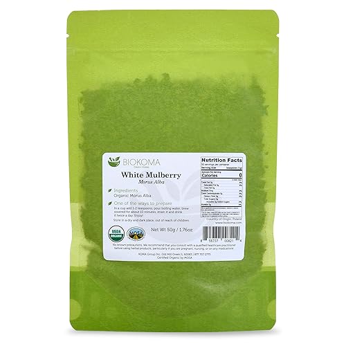 Miniatura 2 de Biokoma Hojas secas de morera blanca pura y orgánica, 1.76 oz (1.76 onzas) en bolsa resellable a prueba de humedad, certificado orgánico por USDA,