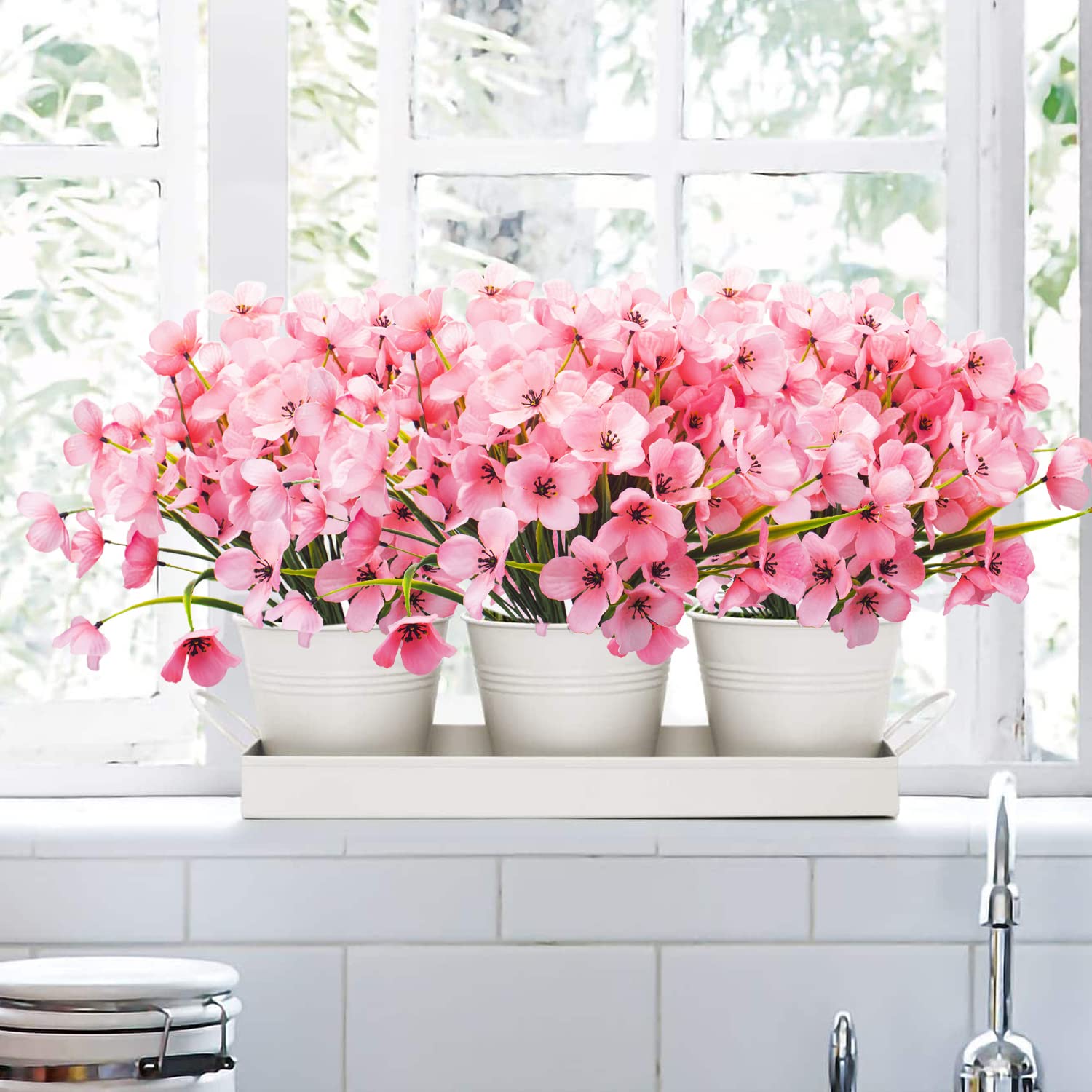 Kunstbloemen voor buiten. UV-bestendig, 8 bundels duurzame plastic kunstbloemen / -planten voor buitenbakken, tuin, voordeur, begraafplaatsbloemen voor grafvaas, wit / geel / paars