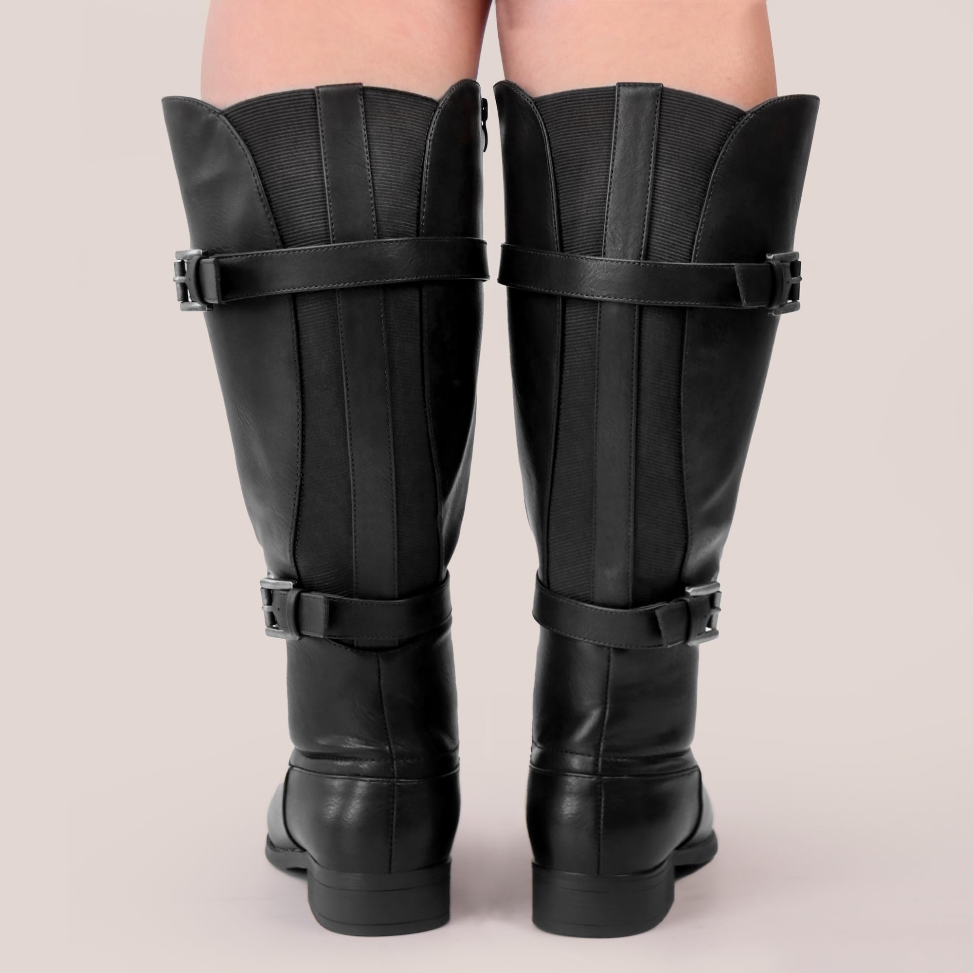 Botas clásicas de caña ancha con tacón plano y doble hebilla trasera elásticas para mujer