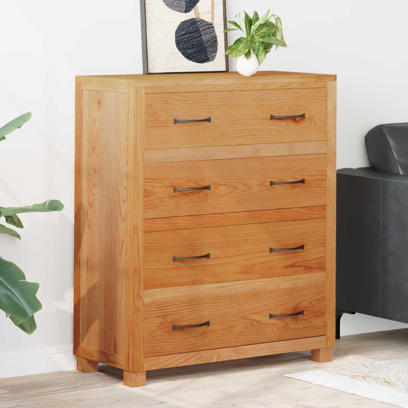 Schrank mit Stauraum aus massivem Eichenholz braun 80 x 35 x 95 cm mit 4 Schubladen und Anti-Kipp-Vorrichtung für Wohnzimmer Schlafzimmer Flur vielseitige Aufbewahrung
