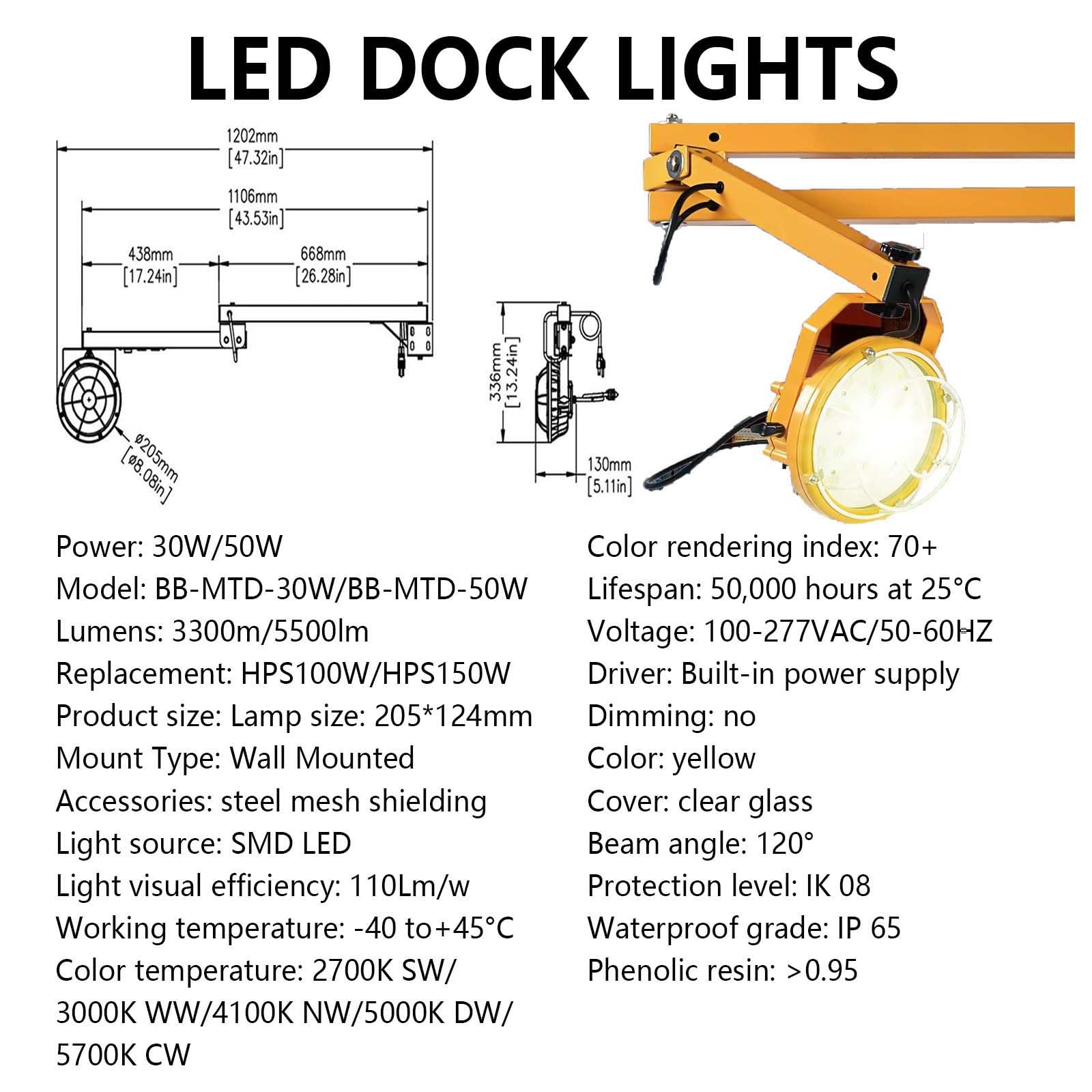 Lampa dokująca LED z głowicą stalową obrotowa 360° 50W | Składana jednoramienna wodoodporna IP65 kąt wiązki do przyczep doków magazynów i kontenerów