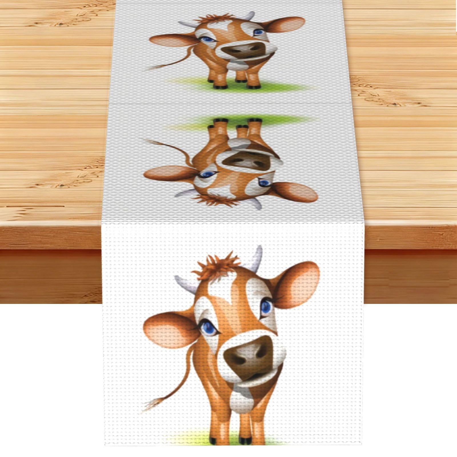 Cute Little Cow Calf Pattern Linen Feel Table Runner Wedding Party Home Decoration