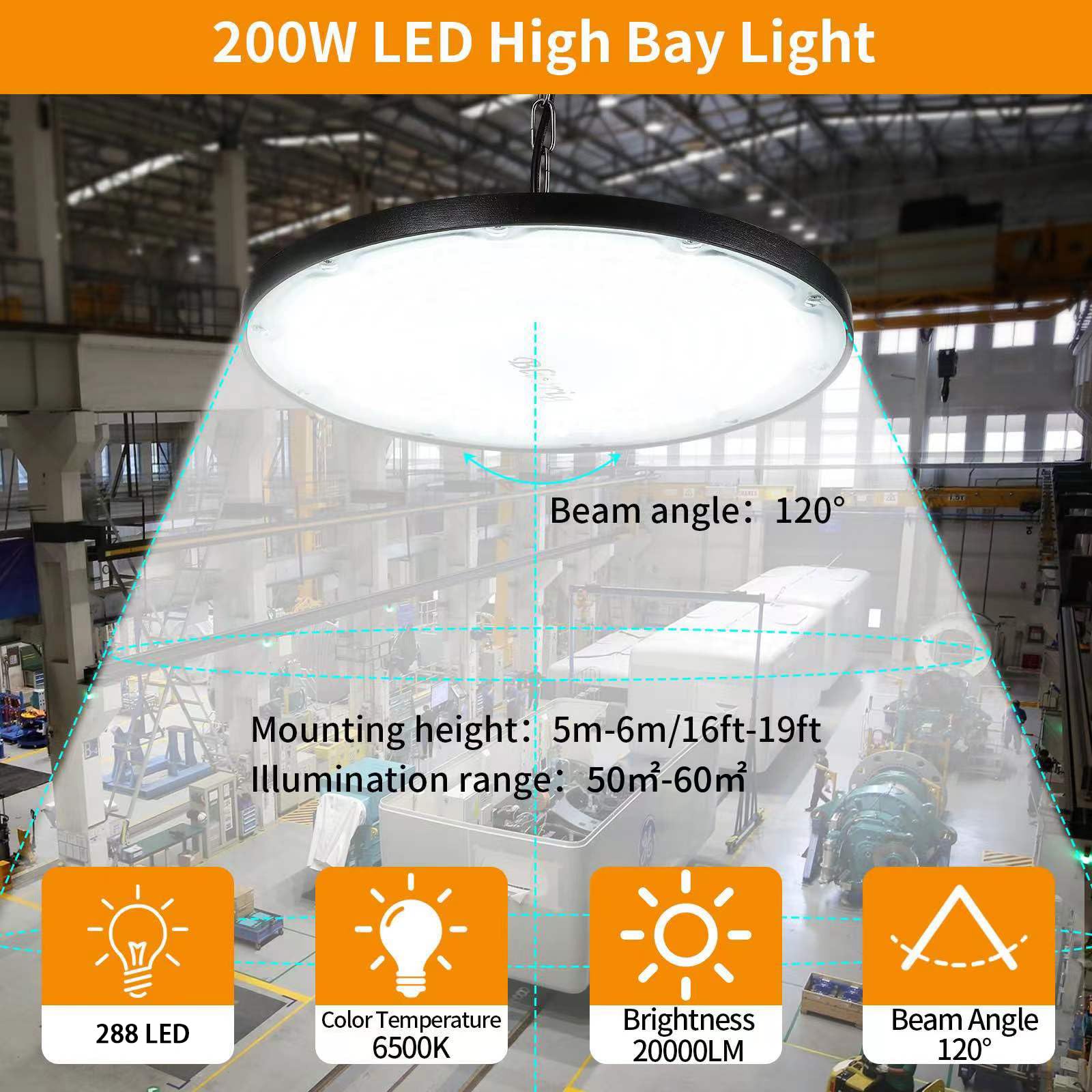 200W Faretto LED UFO 10 Pezzi Lampada da Officina Industriale 20000LM | Impermeabile IP65, 6000K Bianco Freddo, Super Luminoso 288 LEDs, Lampada LED per Capannone, Fabbrica, Officina, Fienile