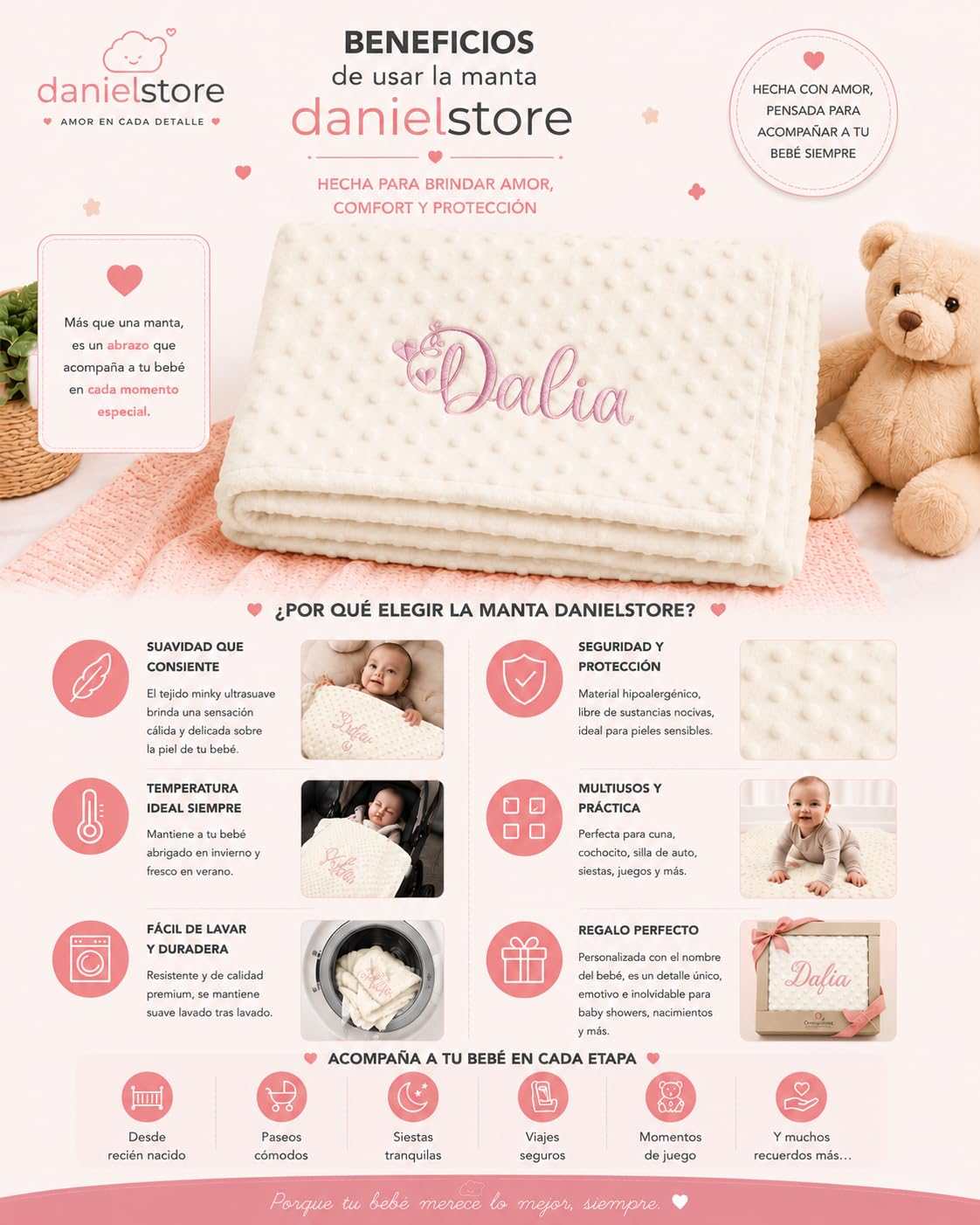 Danielstore-Manta Bebé Personalizada con Nombre Bordado – Mantita Coralina Ultrasuave 80x110 cm – Manta para Cuna, Carrito y Moisés – Cálida y Transpirable – Regalo para Recién Nacido y Baby Shower