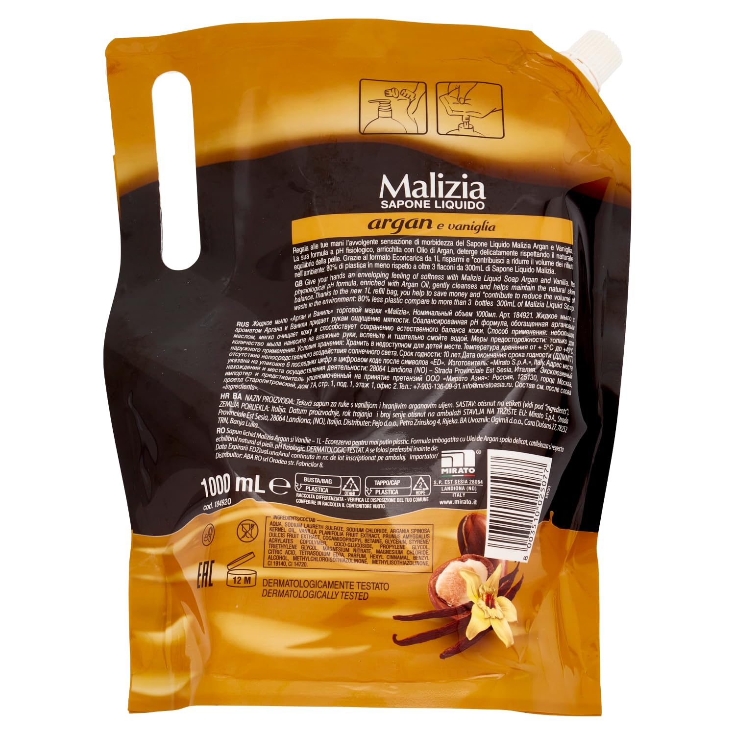 6 saponi Malizia Sapone Liquido – Sapone liquido con argan e vaniglia – Ideale per mani e viso – Busta di ricarica ecologica 1000 ml + portachiavi Beni Culinari