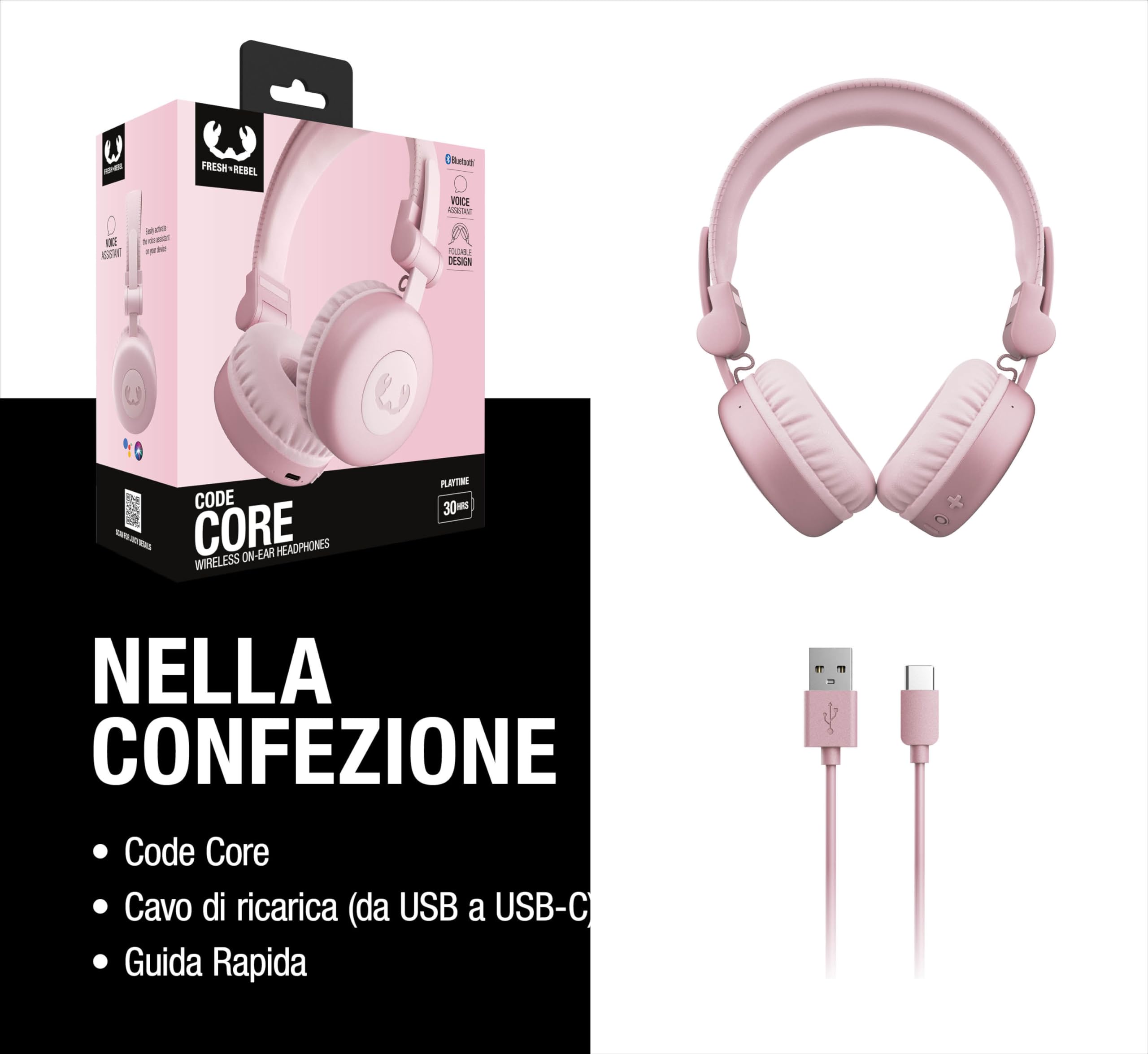 Fresh 'n Rebel Code Core, cuffie Bluetooth on-ear senza fili, 30 ore di riproduzione con microfono e assistente vocale, controllo volume e tasti riproduzione/pausa, pieghevole (Rosa Pastello)