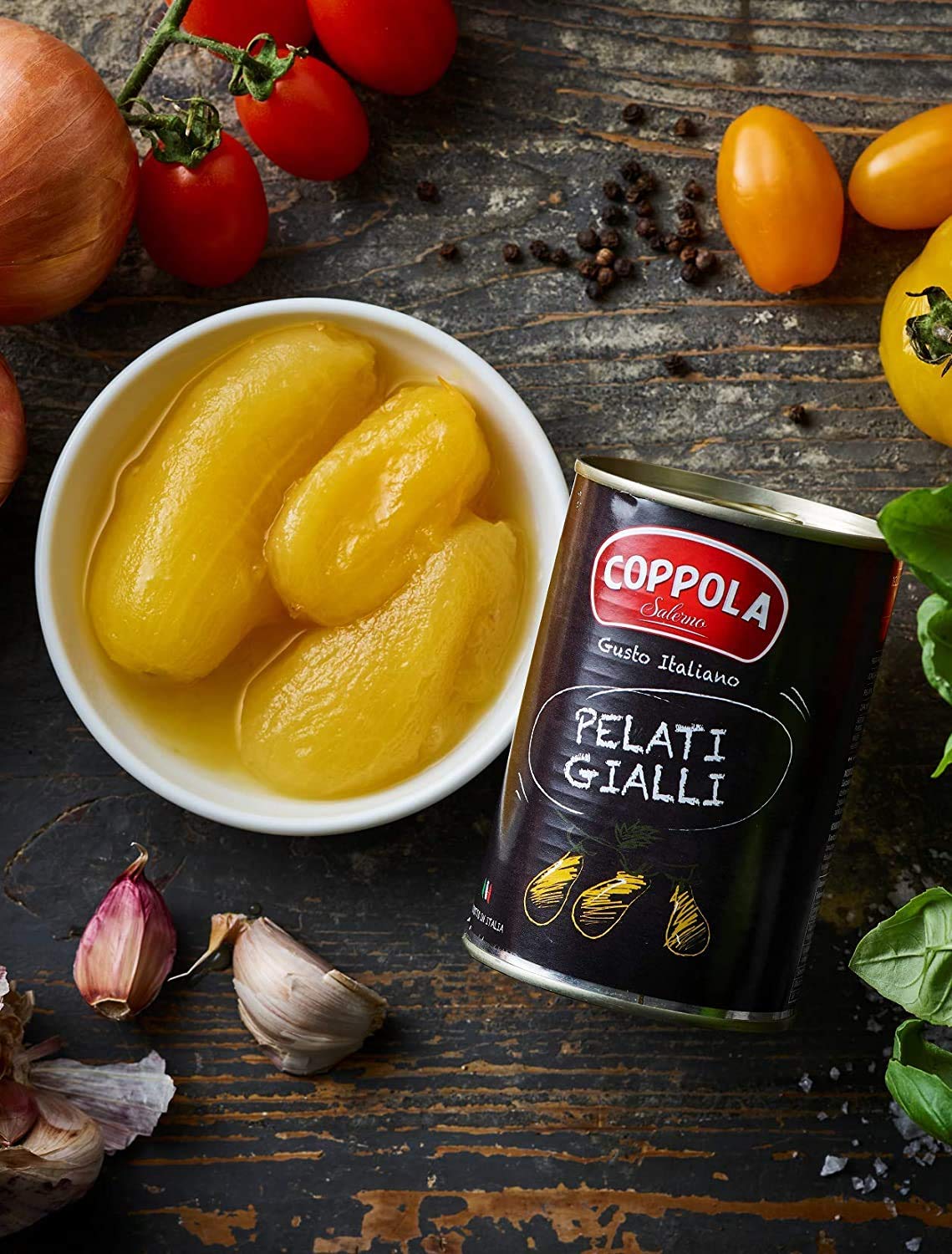 Coppola Pelati Gialli, Tomates Pelados Amarillos - Sin sal añadida 400g (Caja de 12)