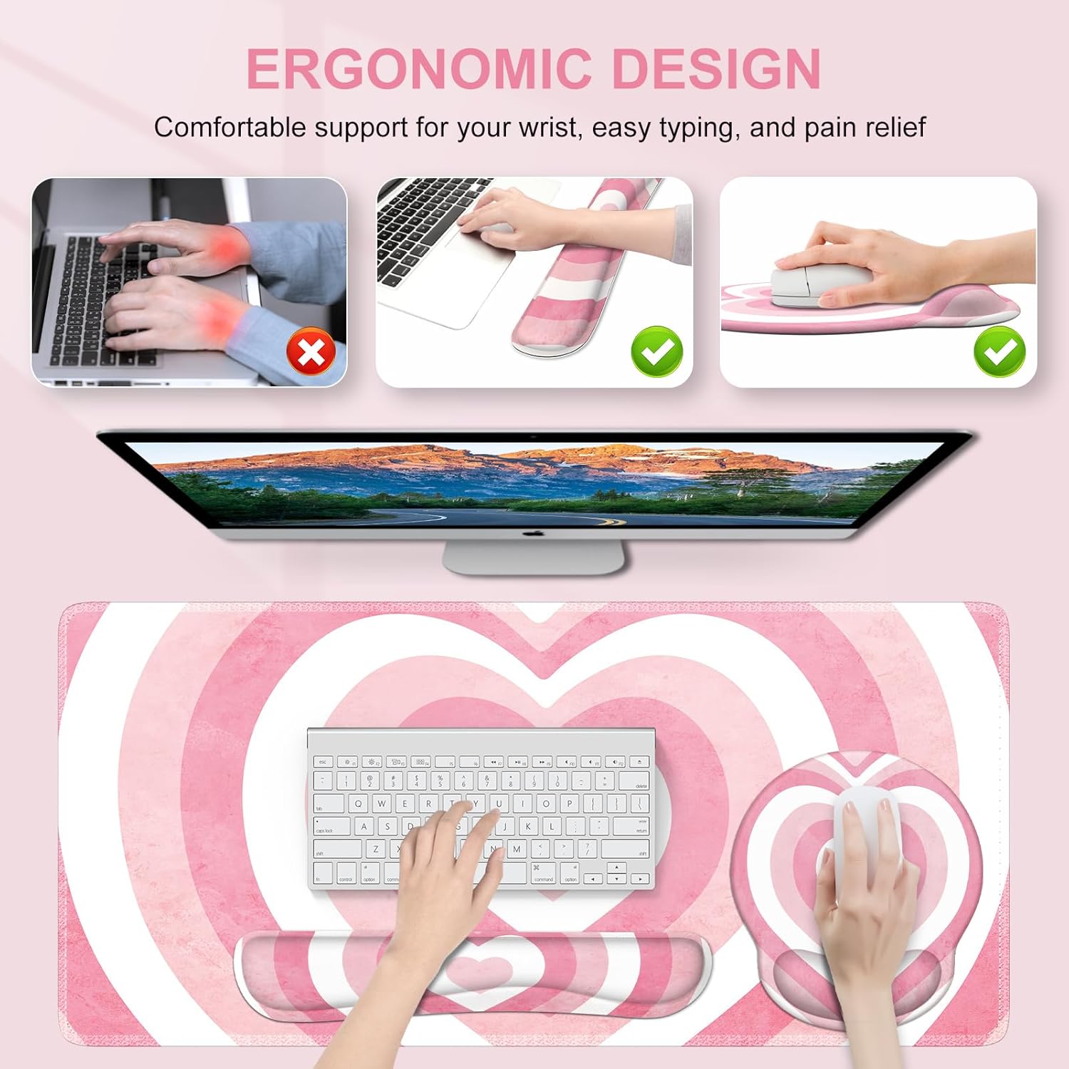 iLeadon Pink Desk Mat, Desk Pad + Pink Mouse Pad with Wrist Rest + Keyboard Wrist Rest + Coaster, 4in1 Mouse Pad Set, Mouse and Keyboard Pad for Home Office, Heart Pink