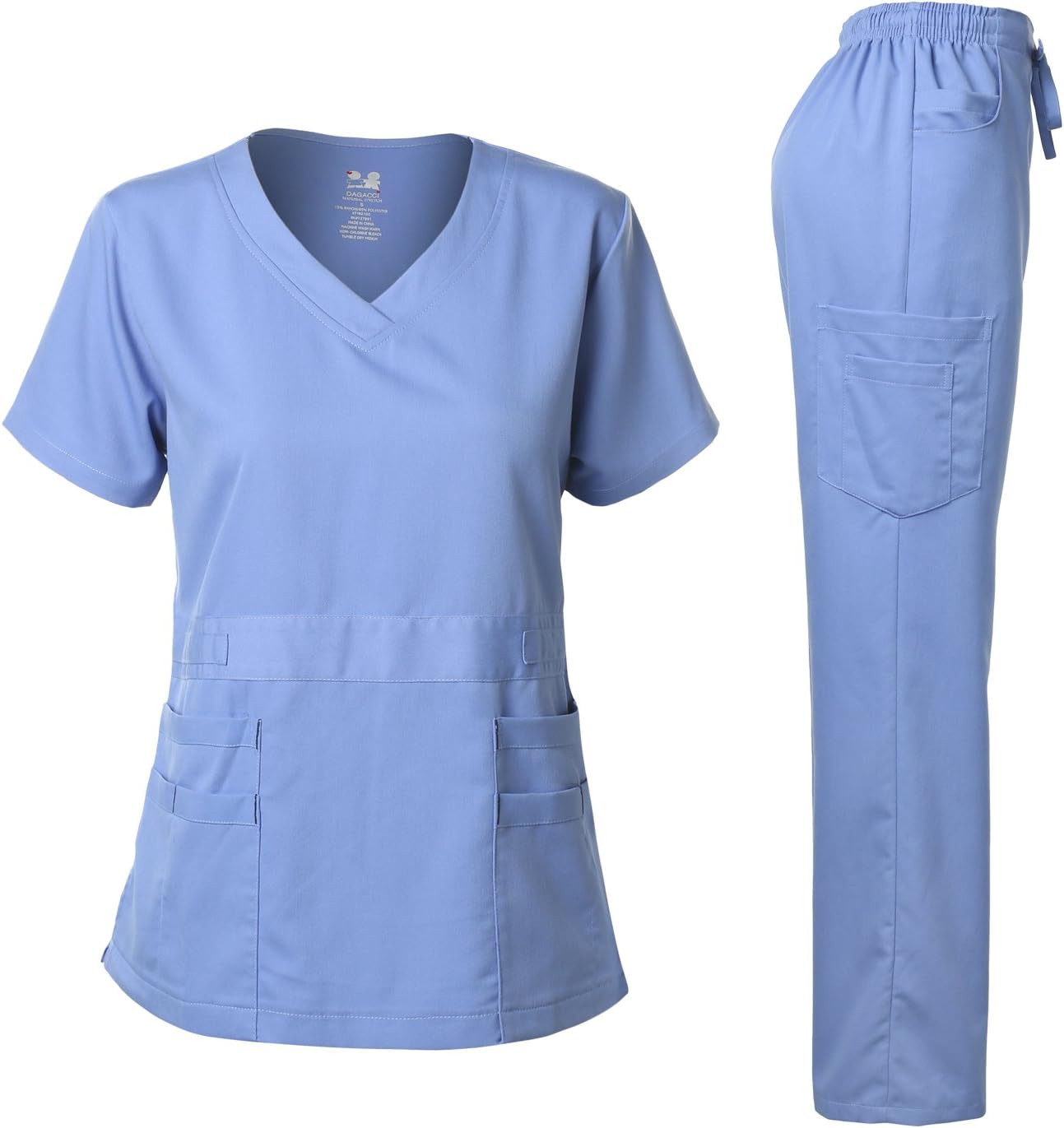 Dagacci Medical Uniform Natural Stretch Premium Women's Scrubs Set Stretch Ultra Soft Top and Pants Small Ceil Blue