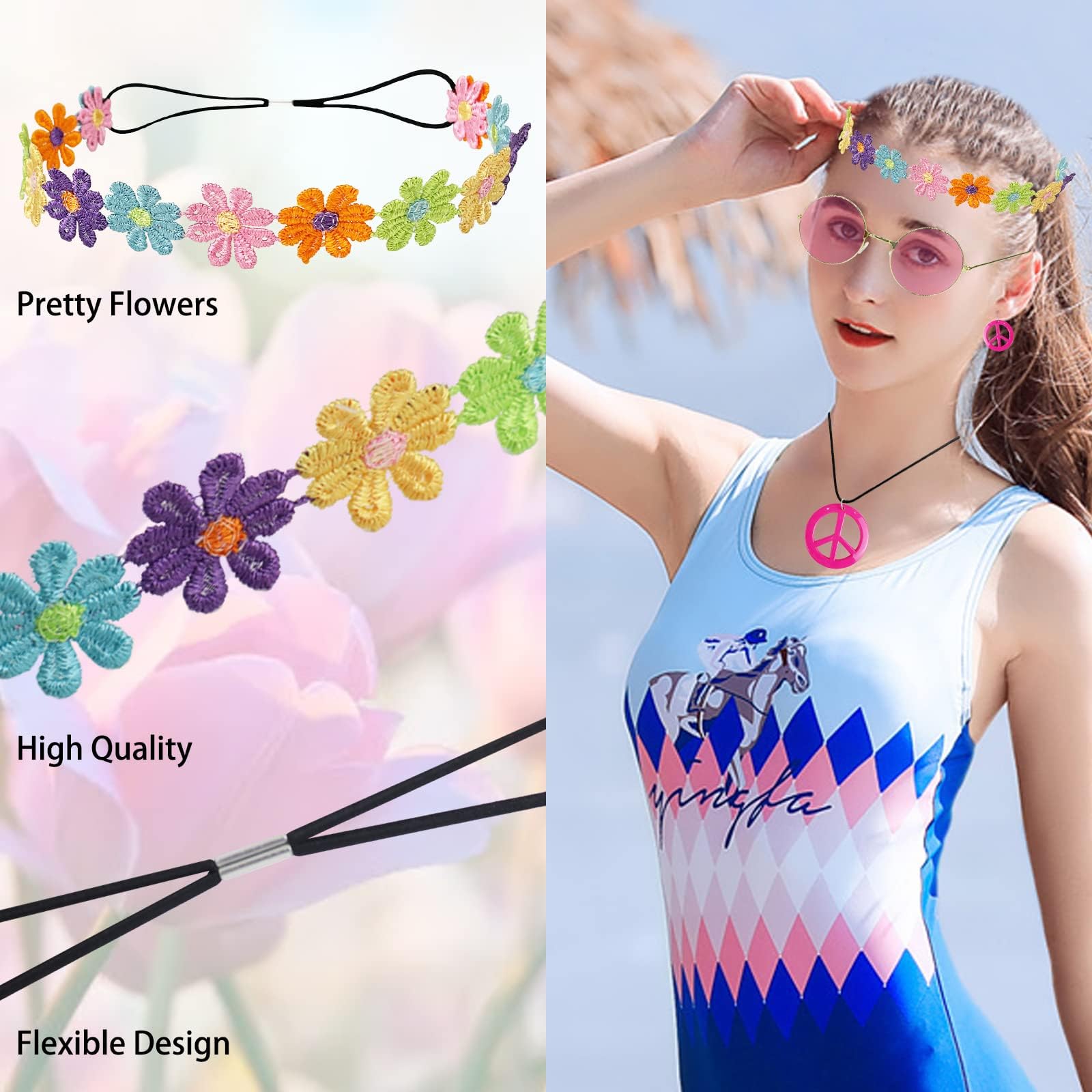 Hippie Kostüm Accessoires,4 Stück Hippie Accessoires,Hippie Kostüm Zubehör,Hippie Kostüm Set mit Sonnenbrille Friedenszeichen Halskette Ohrringe Stirnband,Hippie Schmuck für Party Fasching Karneval