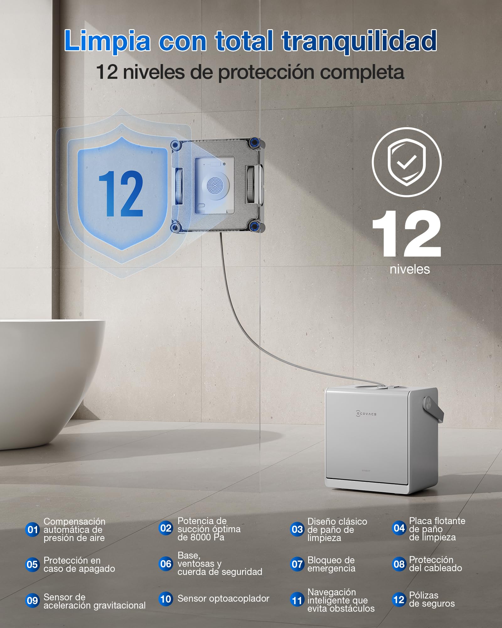 ECOVACS WINBOT W2S Omni Robot limpiacristales con estación, Inteligente de Borde a Borde con TruEdge™, pulverizador de Agua de Triple Boquilla, protección de 12 Niveles, Win-Slam 4.0