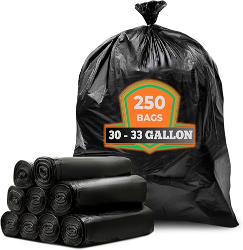 Bolsas de basura negras de 30 a 33 galones (valor de 250 bolsas), 30 galones, 32 galones, 33 galones.