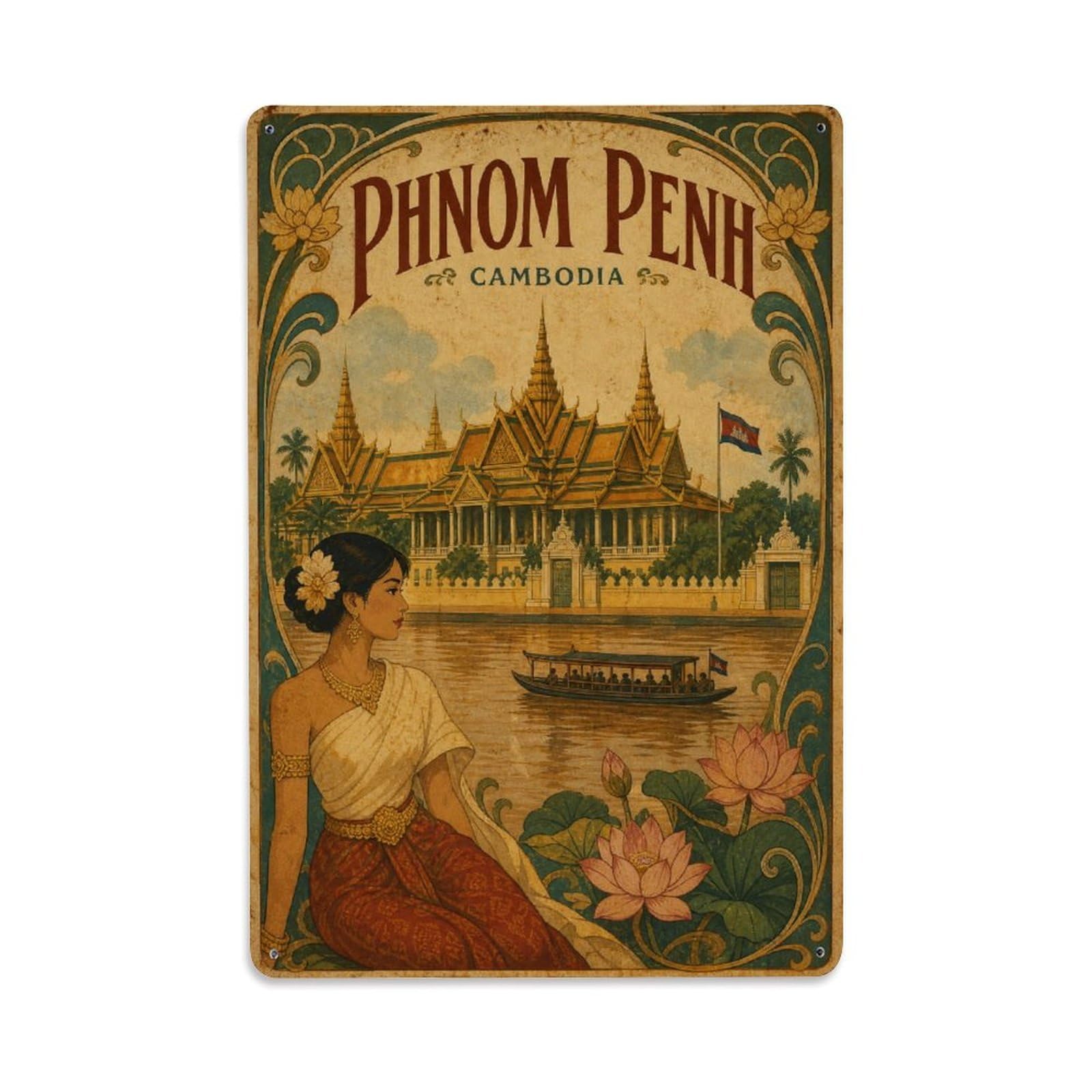 Classic Phnom Penh Cambodia Heritage Travel Metal Tin Sign