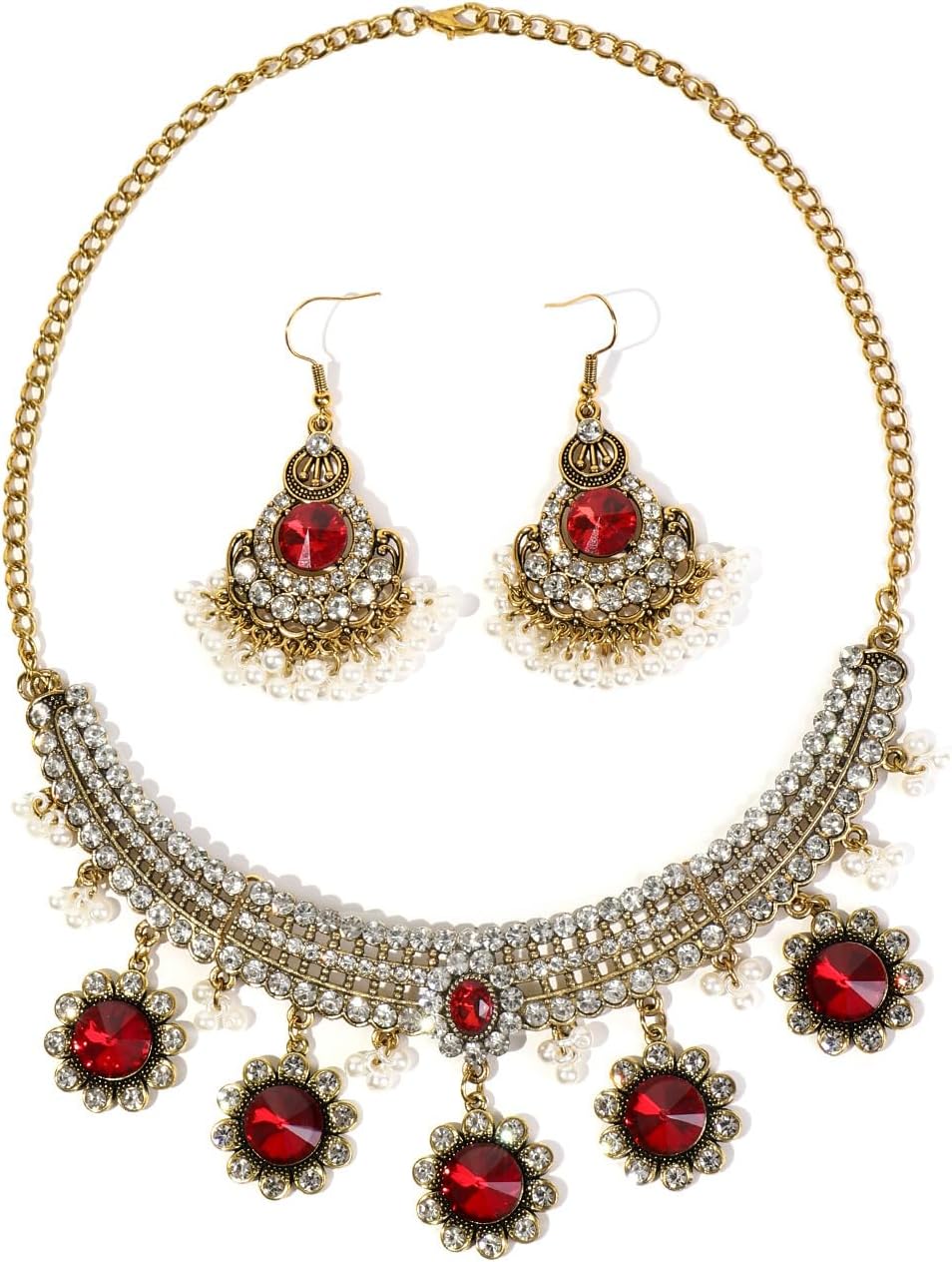 OIDIMS Crystal Indian Jewellery Set Boho Traditional Oxidized Gold Ethnic Necklace Dangle Flower Daisy Earring Tassel Beaded Choker Tribal Bollywood Jhumka Jewelry Gift for Women Bride Wedding