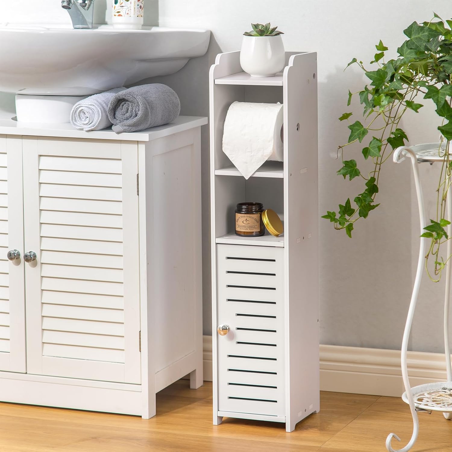 narrow bathroom storage cabinet with doors and shelves, white small toilet paper holder stand, slim cabinet for small spaces, bathroom, kitchen