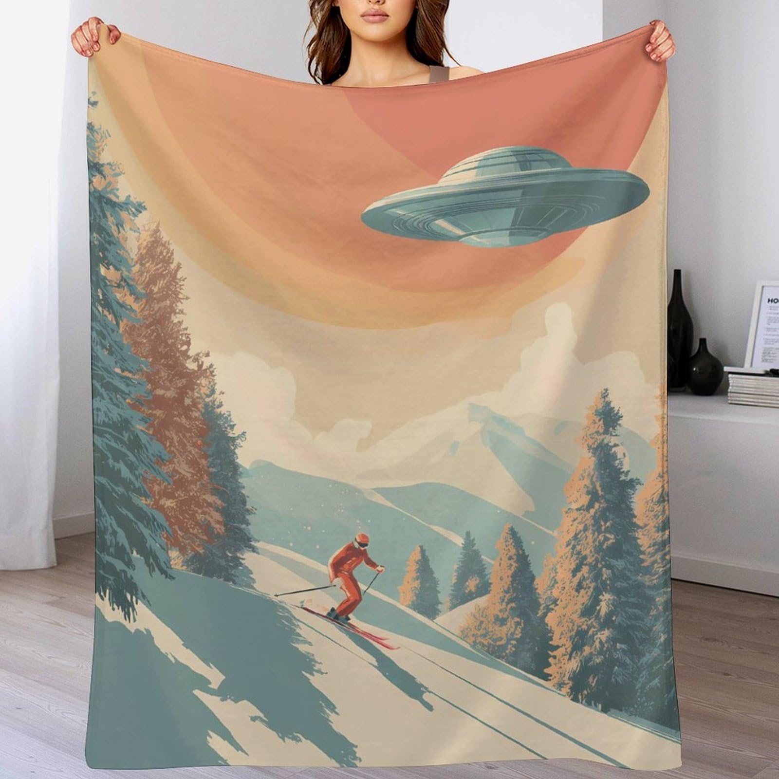 A Skier with Aliens Coperta in flanella da 250 g/m², anti-pelucchi, per letto, divano, camera da letto, ufficio