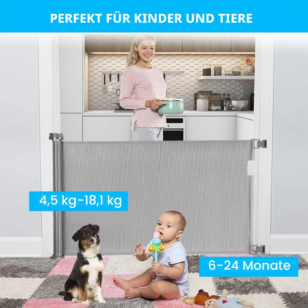Einziehbares Babygitter für Treppen, Türschutzgitter mit Schloss, erweiterbar bis 150 cm