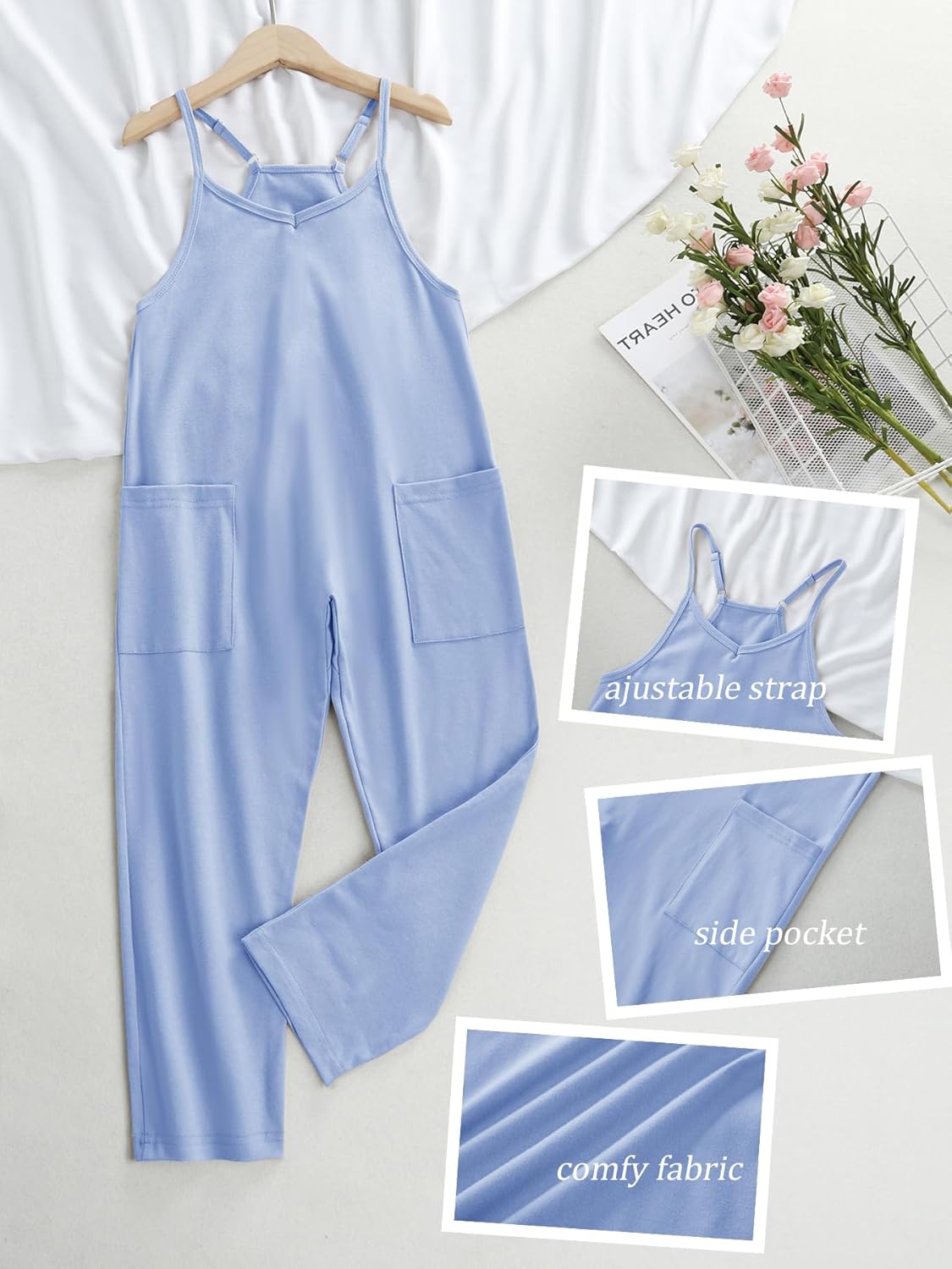 Girl's V Neck Sleeveless Jumpsuits Spaghetti Straps Harem Long Pants Rompers With Pockets (5-14 Years) - Image 3