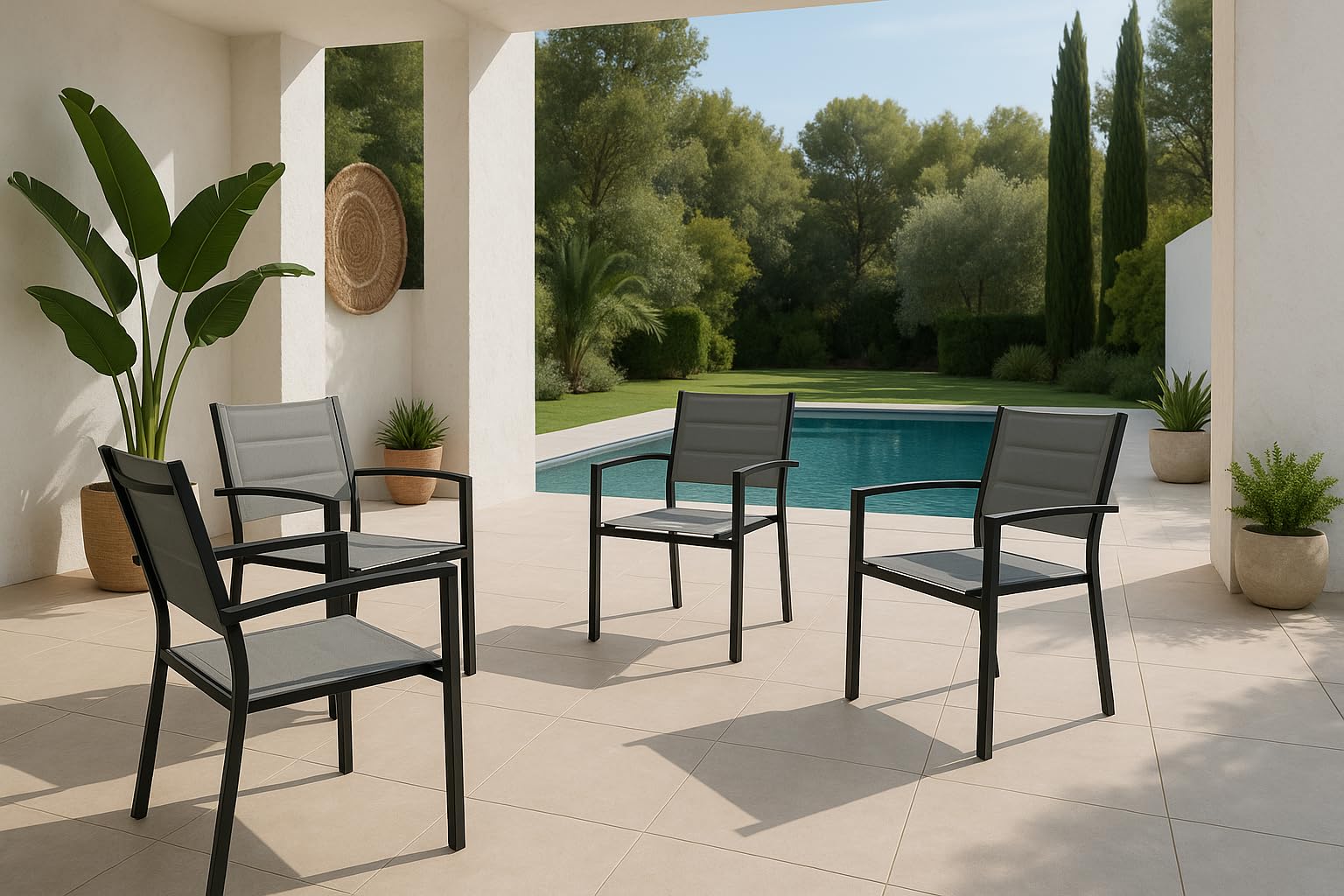 MOMMA HOME Pack 4 Sillas Terraza Exterior - Jardin Asiento y Respaldo Acolchadas con Reposabrazos, Material Textiline y Aluminio, Color Gris, Medidas 87,5 x 56,5 x 57,5 cm