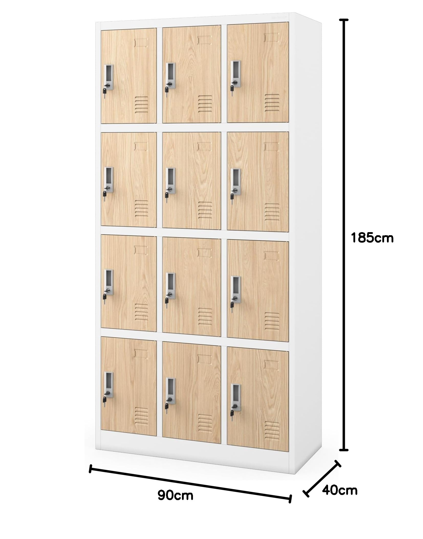 Wertfachschrank 3B4A Fächerschrank Schließfachschrank 12 Fächer Metallspind Stahlblech Pulverbeschichtung 185x90x40 cm Weiß-Holz