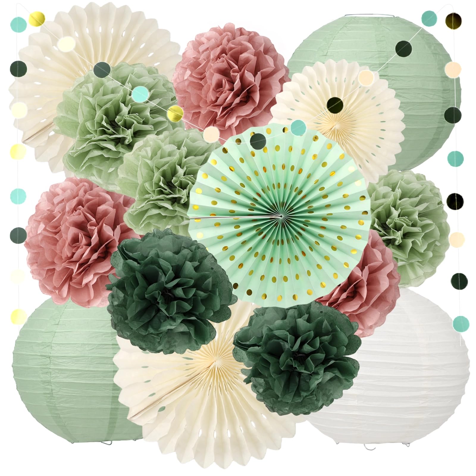 Party Deko Set in Salbeigrün und Altrosa, Papierlaternen, Hängefächer, Papierpompons und Girlande, für Geburtstag, Brautparty, Feiern und Hochzeit, für Frauen und Mädchen